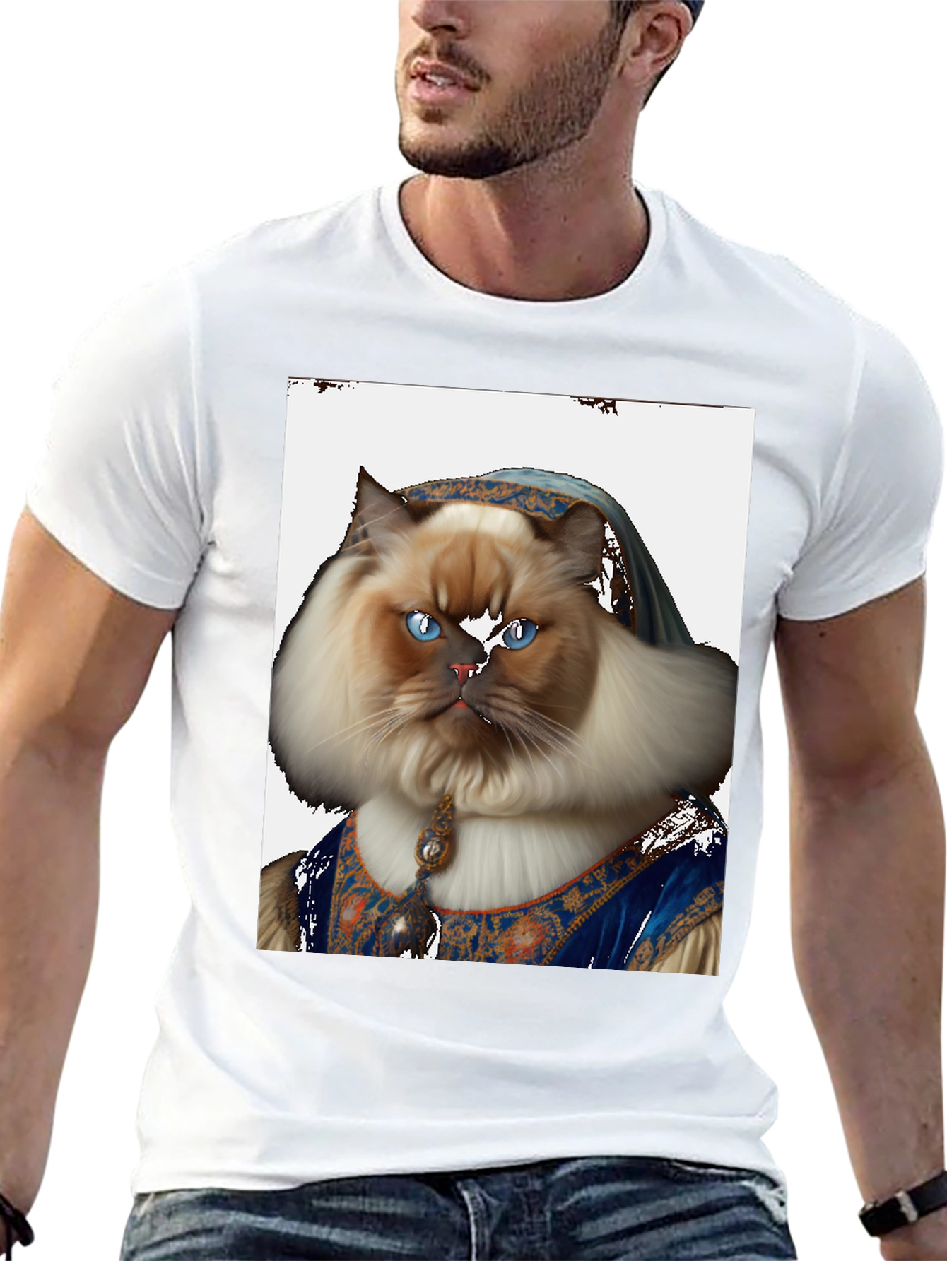 Renaissance Cat Portrait T-Shirt - Black