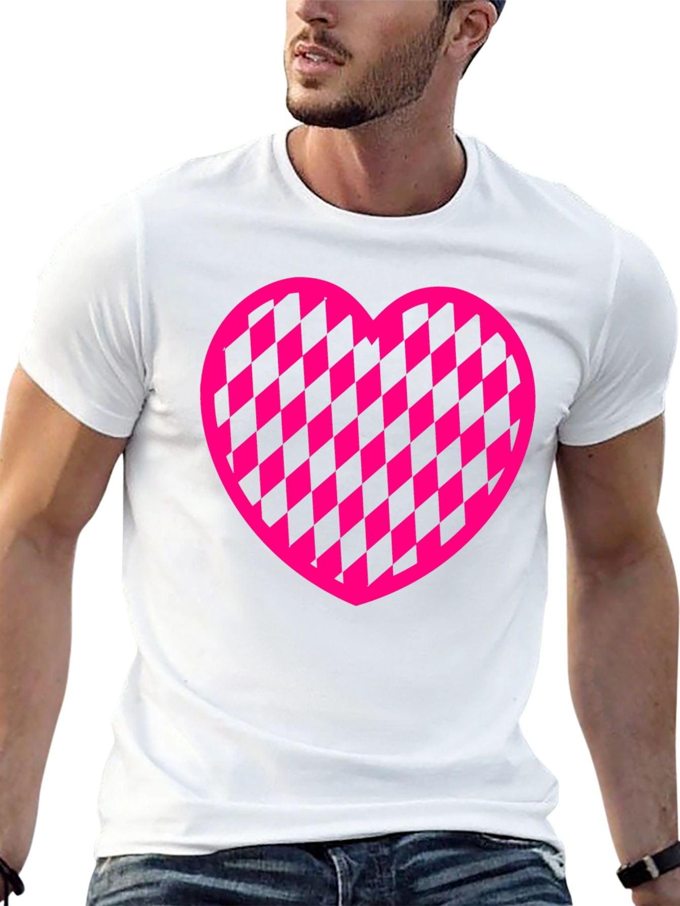 Pink Checkered Heart Graphic Black T-Shirt