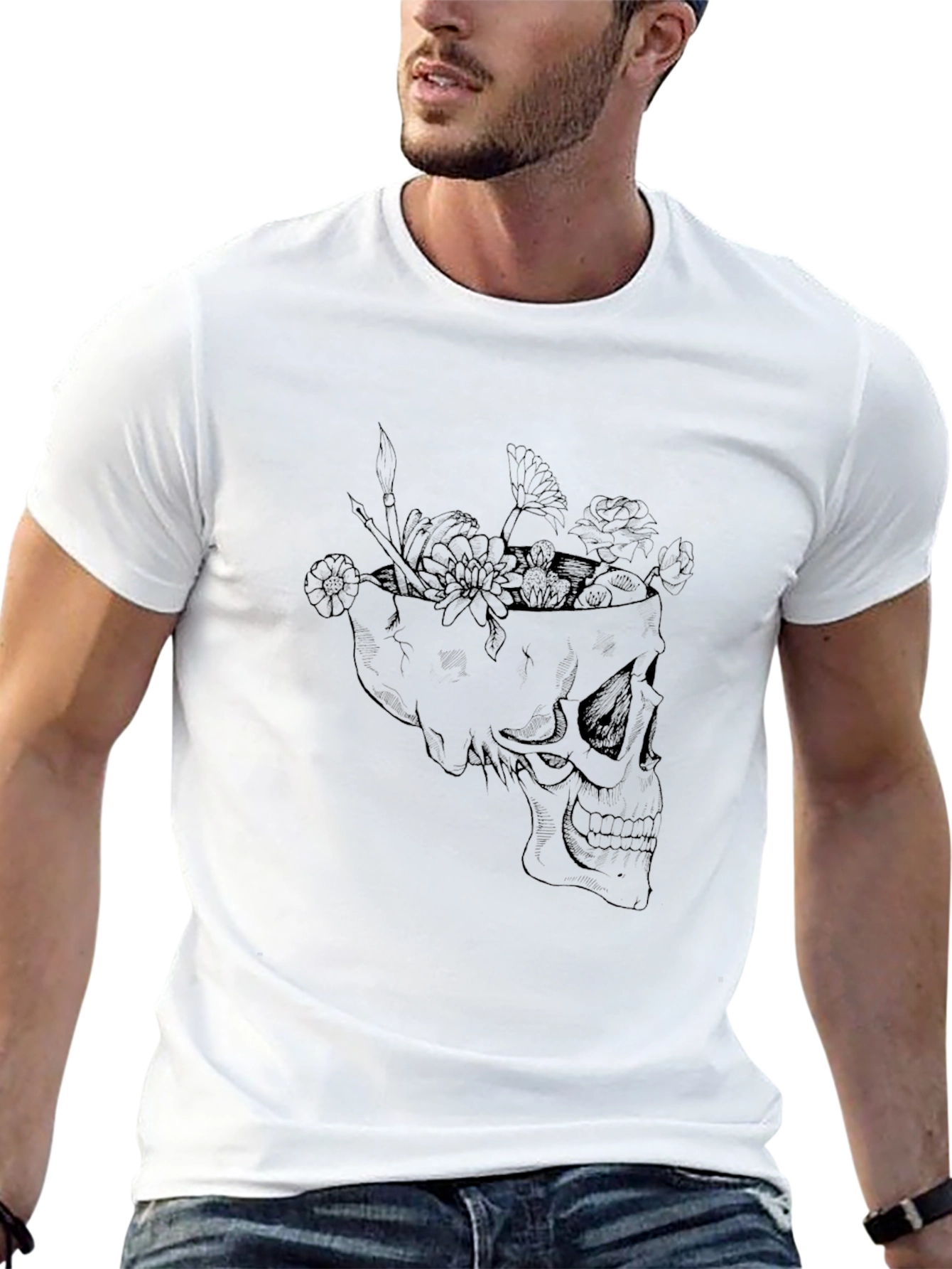 Skull and Flowers Graphic T-Shirt - Stylish Mens Tee
