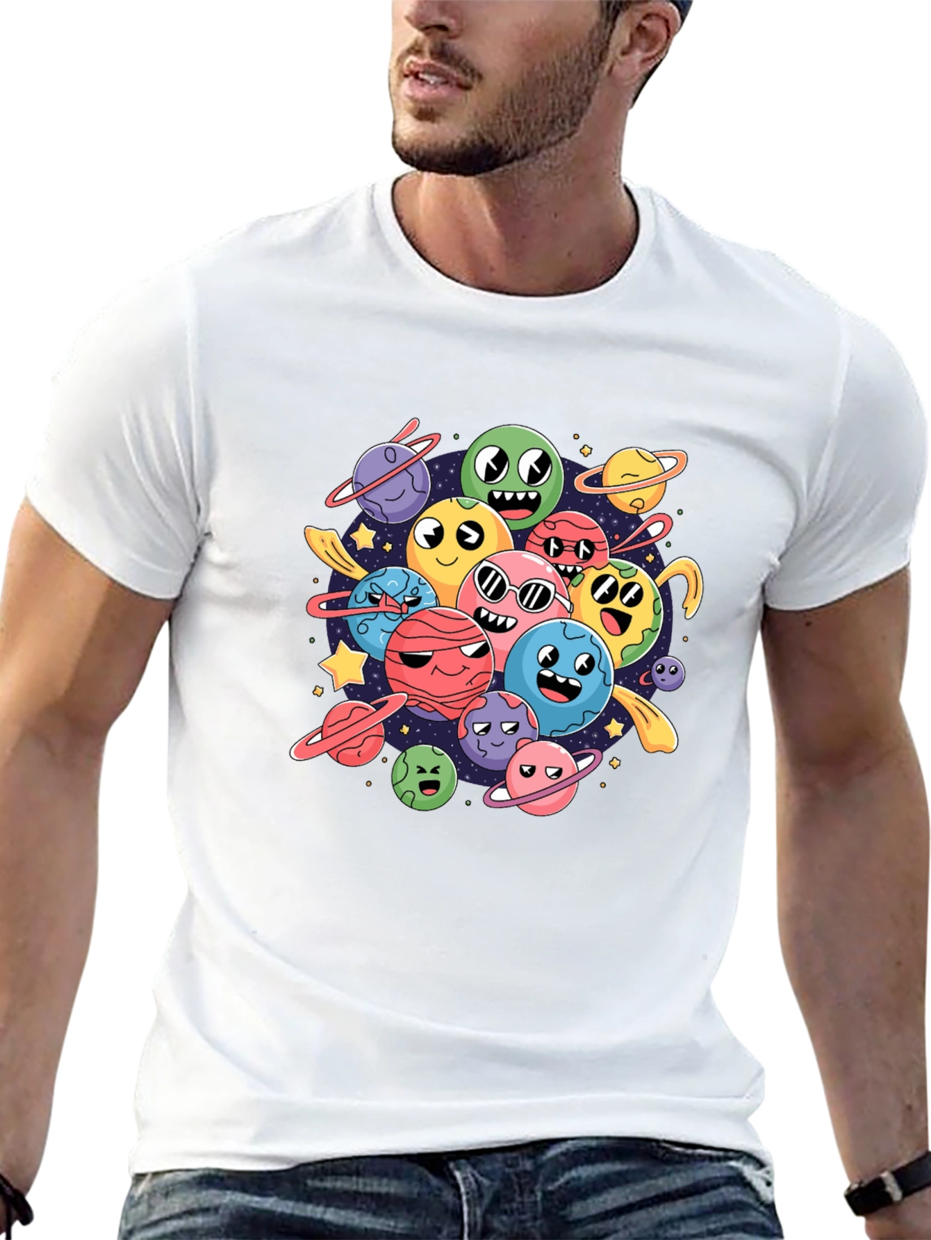 Cartoon Planet Print Black Graphic Tee