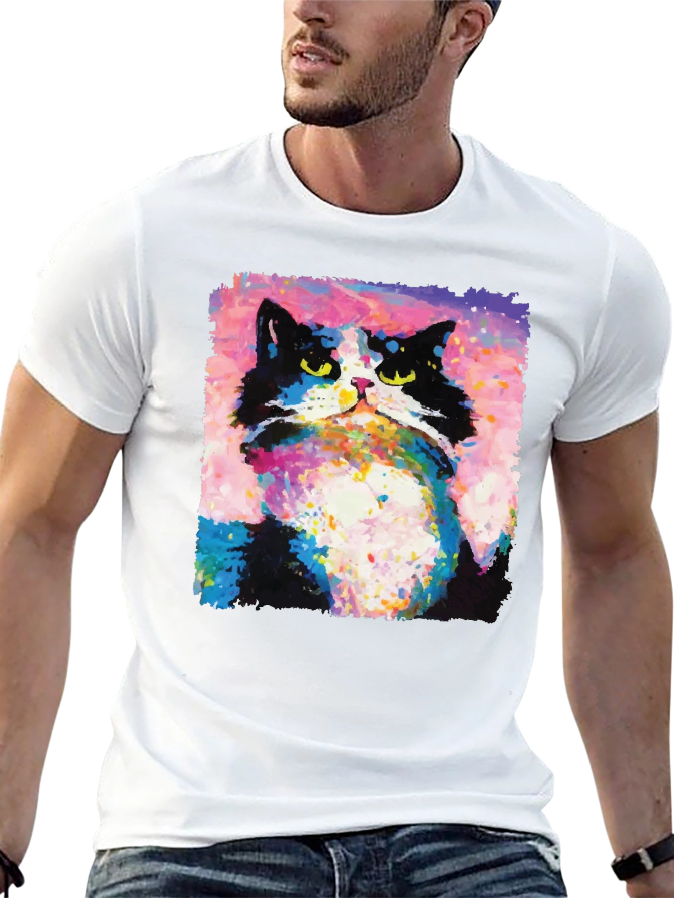 Abstract Cat Graphic Print Crew Neck T-Shirt