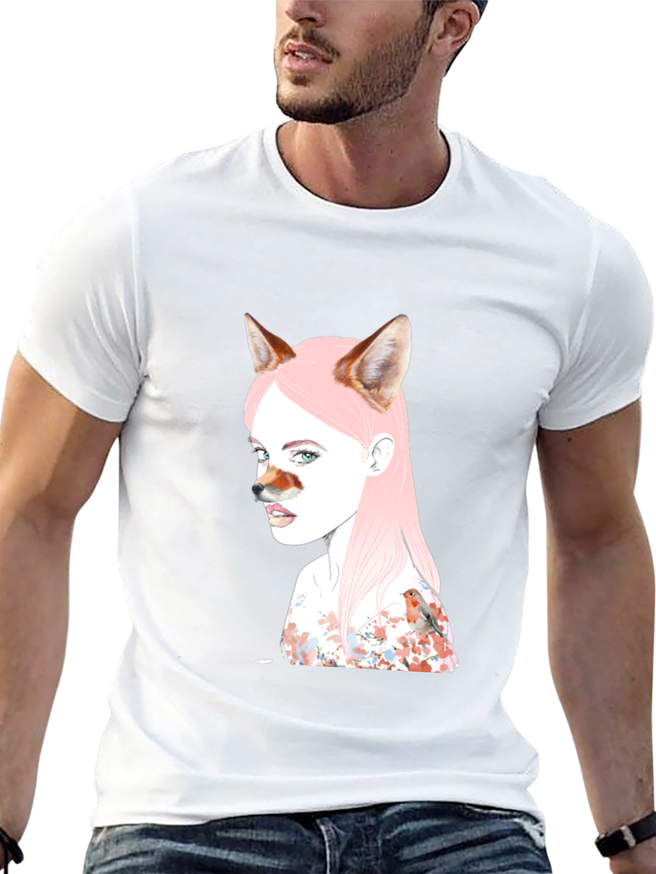 Artistic Fox Girl Print Black T-Shirt