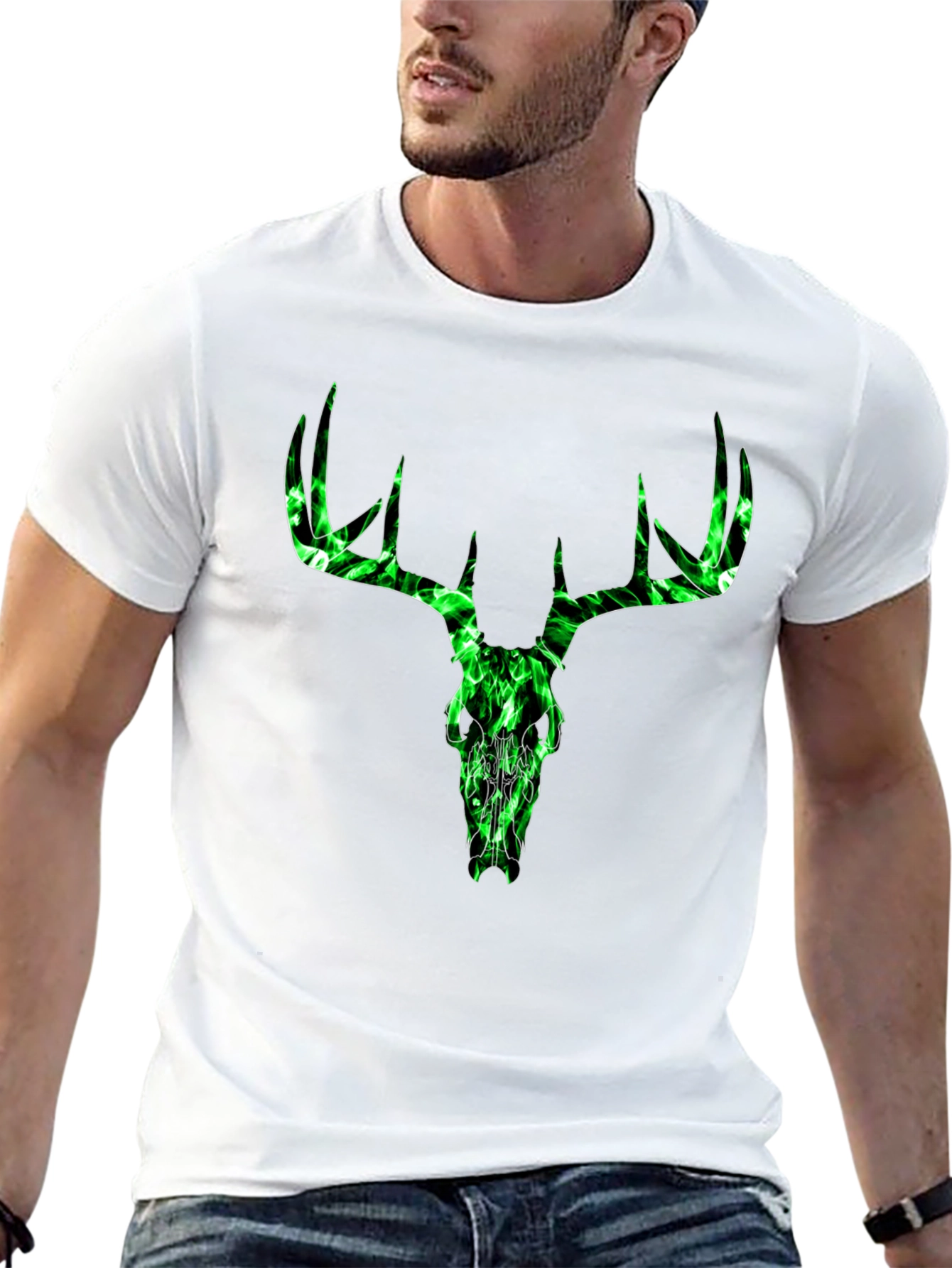 Green Skull Deer Antler Graphic T-Shirt