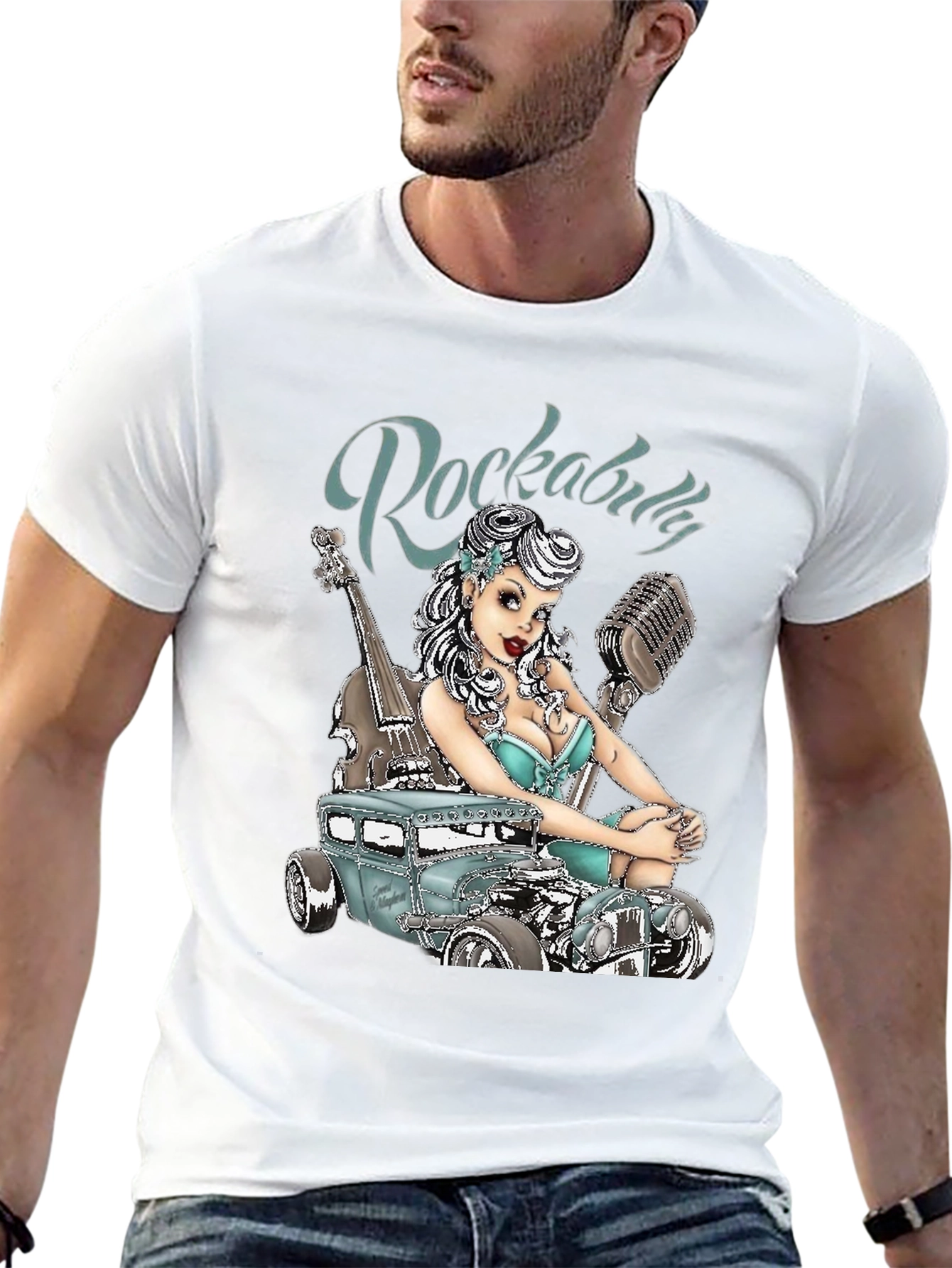 Rockabilly Style T-Shirt with Car & Pin-up Girl Design
