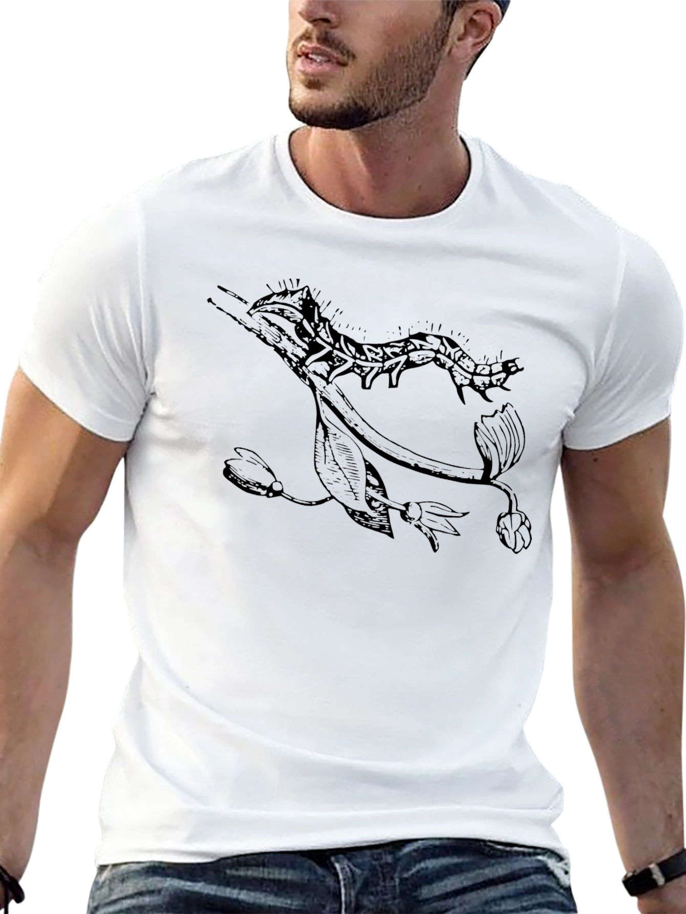 Botanical Caterpillar Graphic Tee - Black Cotton