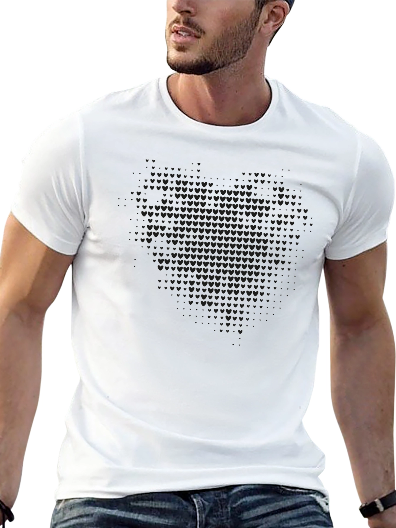 Mens Black Heart Pattern Crew Neck Tee