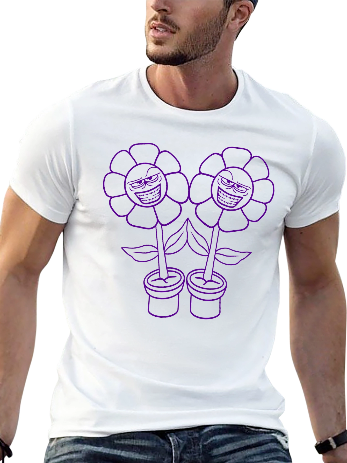 Mens Black T-Shirt with Cartoon Flower Print