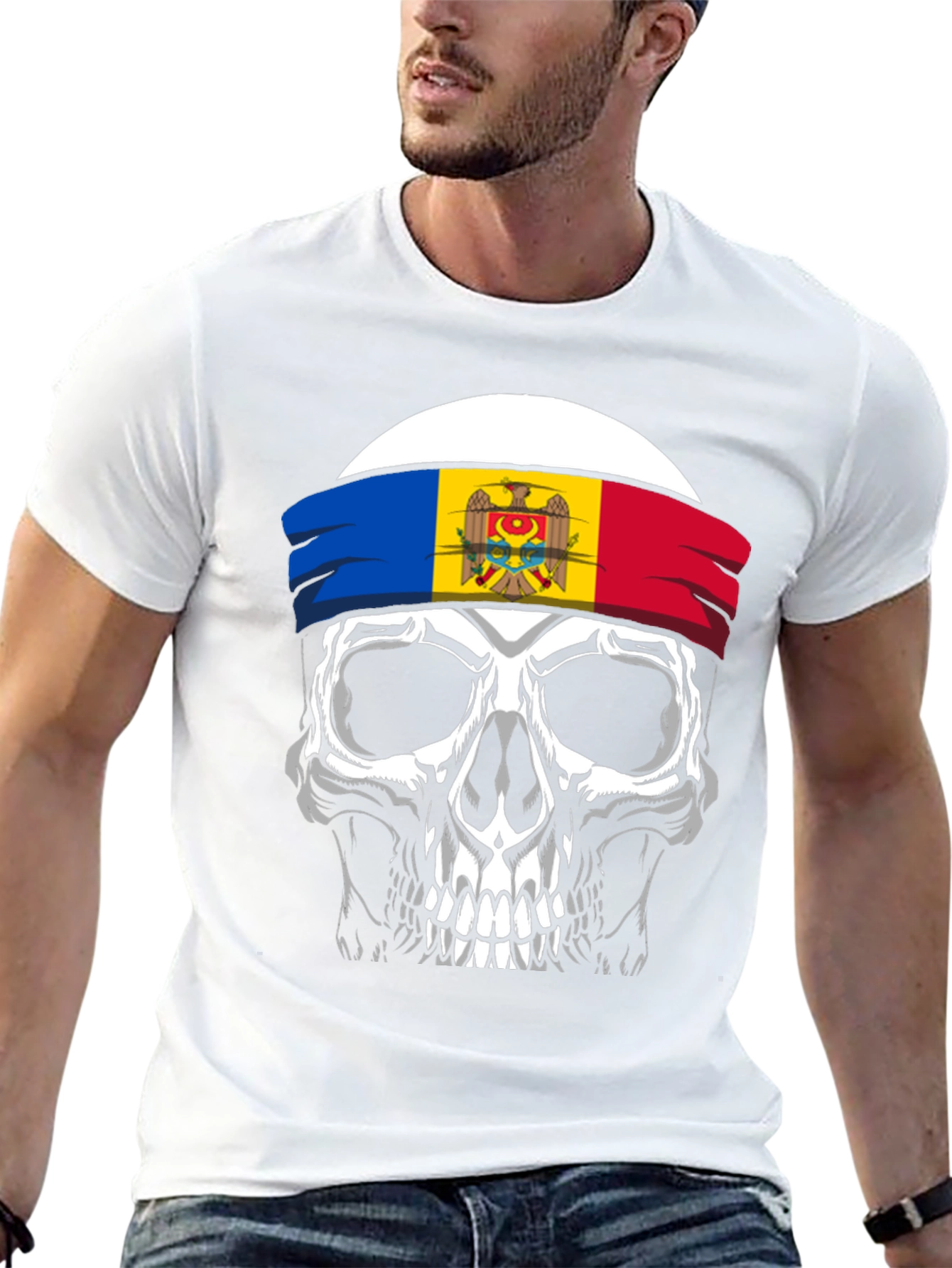Skull Moldova Flag Bandana Graphic T-Shirt