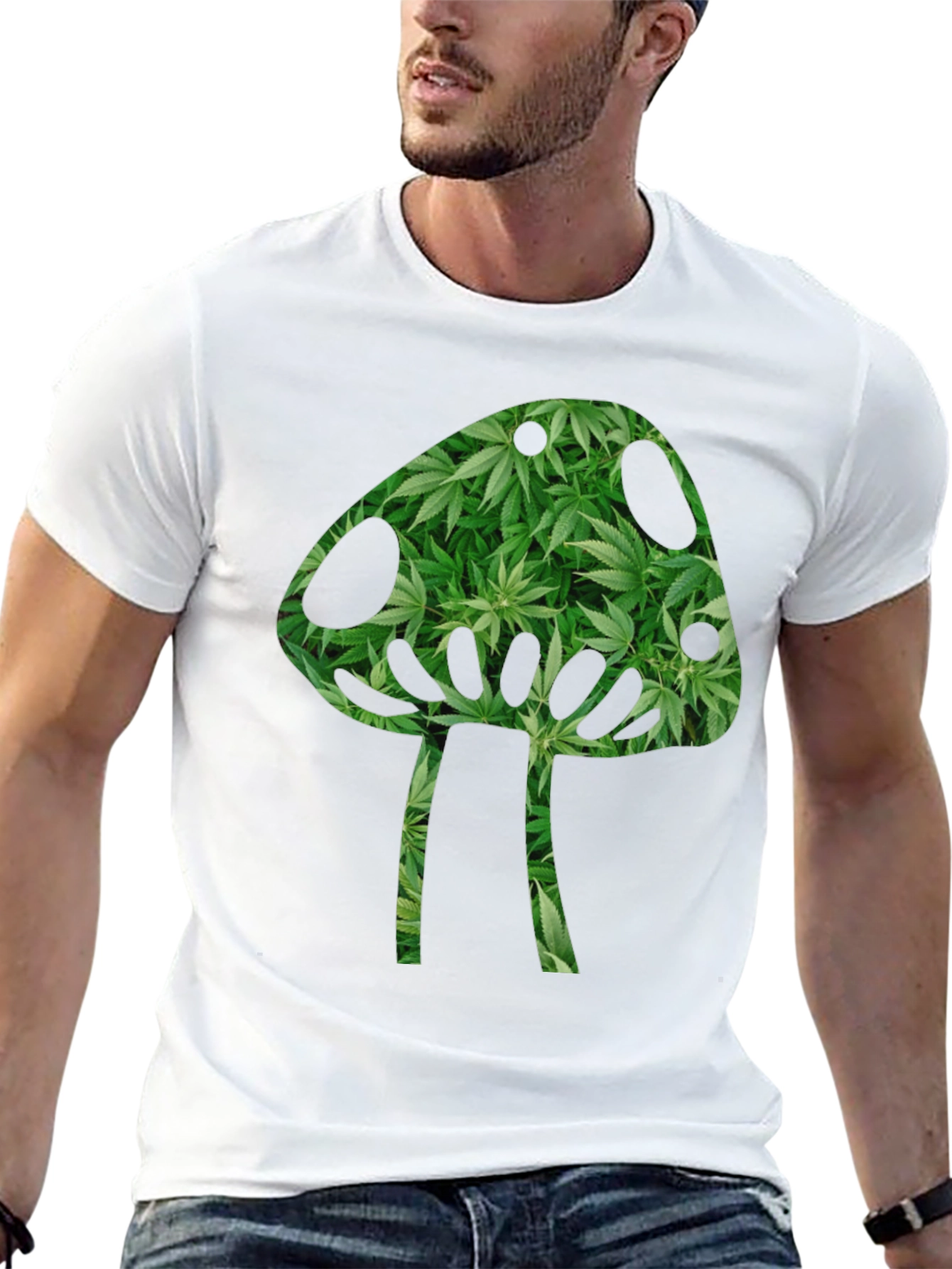 Mushroom Weed Leaf Print T-Shirt - Black