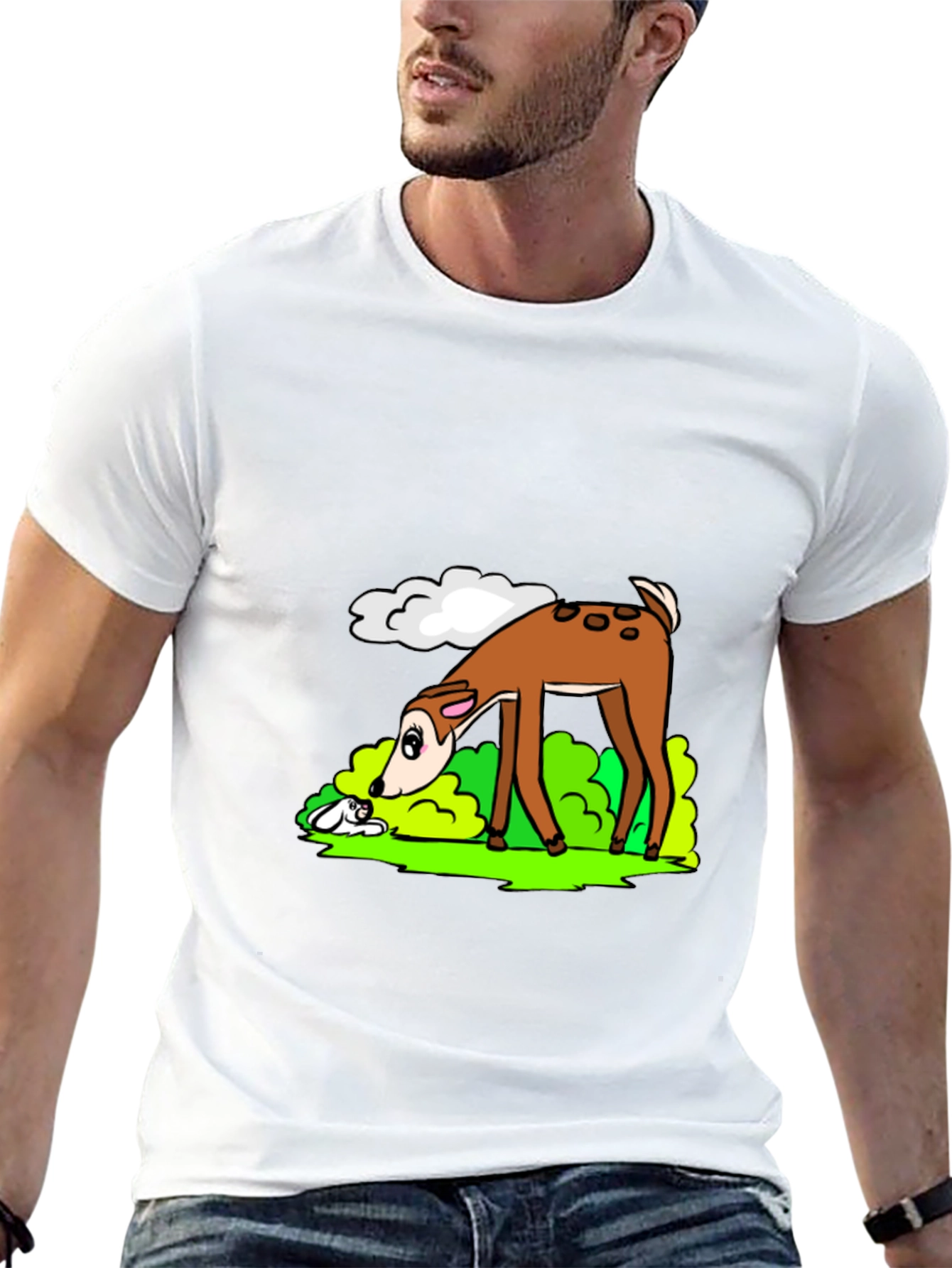 Cartoon Deer Graphic Tee - Black Cotton T-Shirt