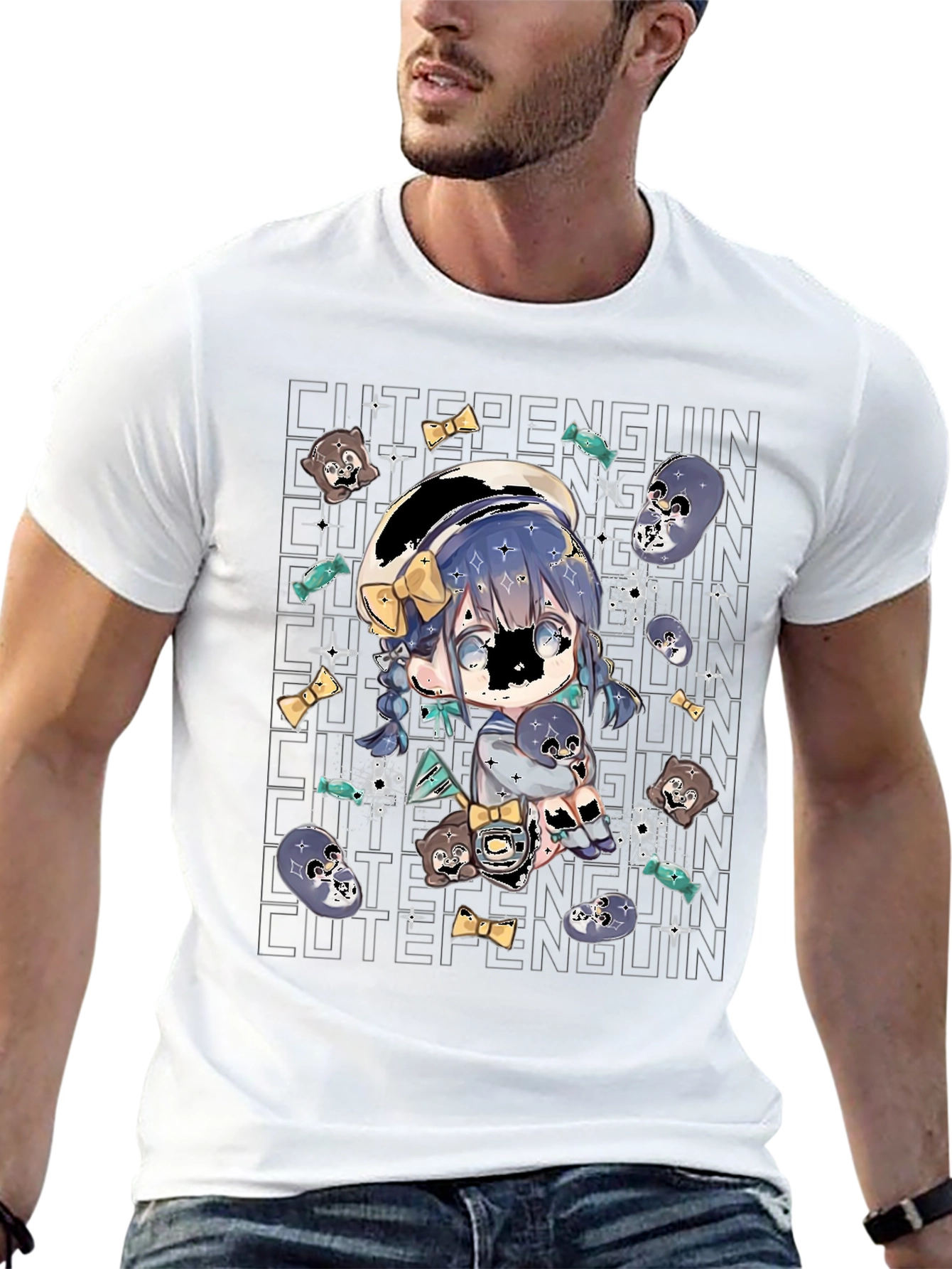 Cute Penguin Anime T-Shirt - Black