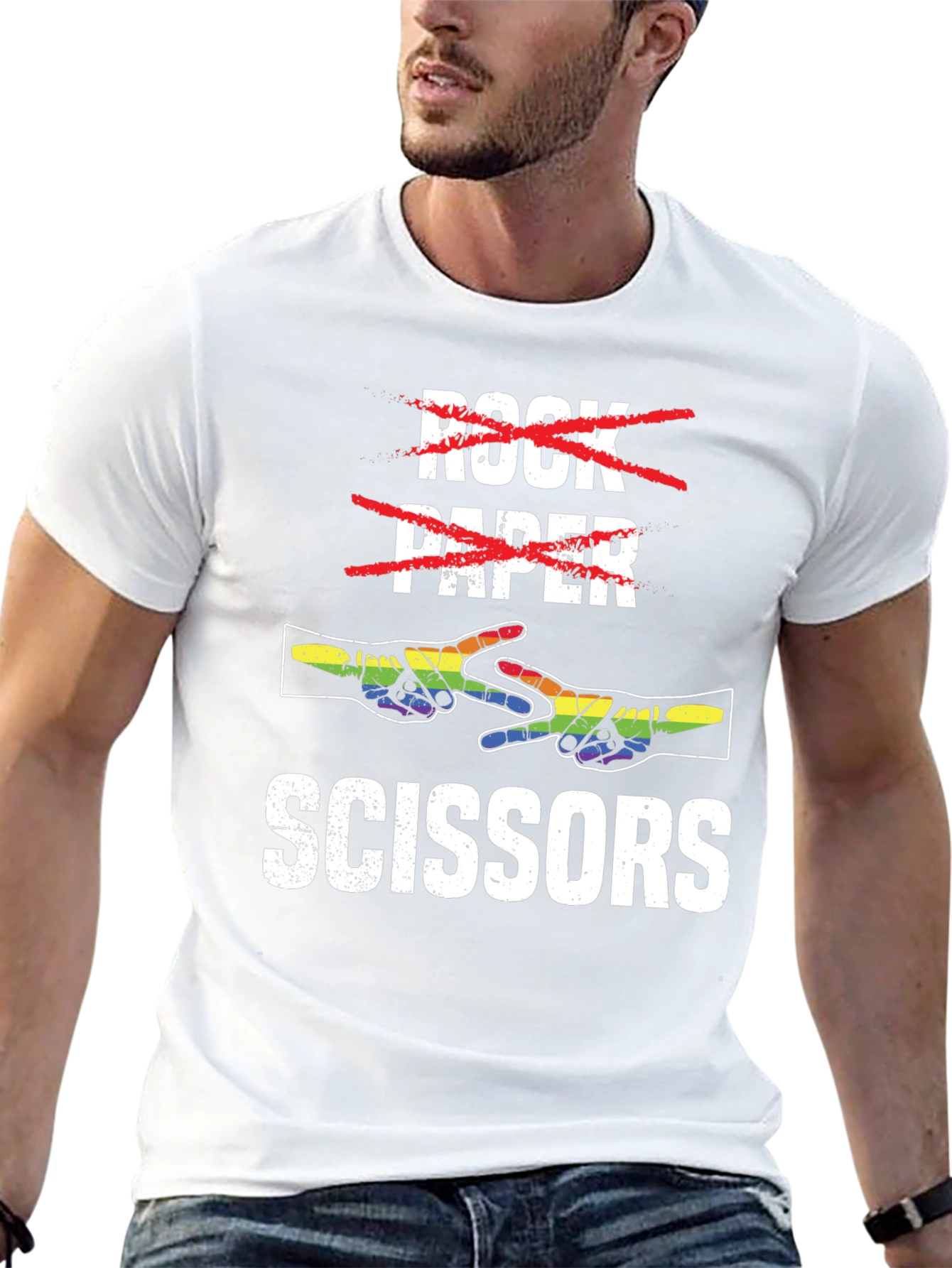 Rock Paper Scissors T-Shirt - Rainbow Hand Design