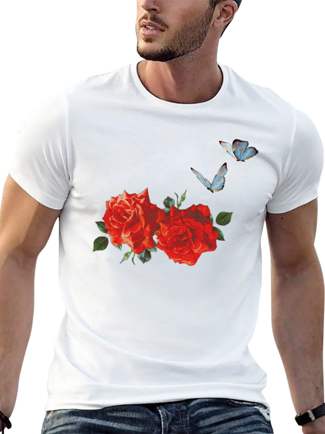 Roses & Butterflies Graphic Tee - Stylish Mens T-Shirt