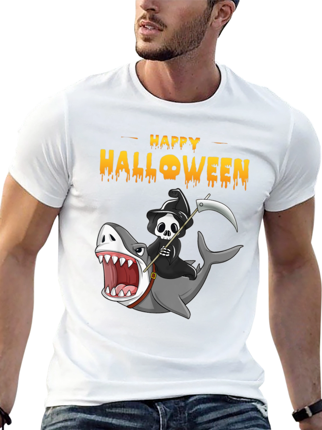 Happy Halloween Shark Reaper Graphic T-Shirt