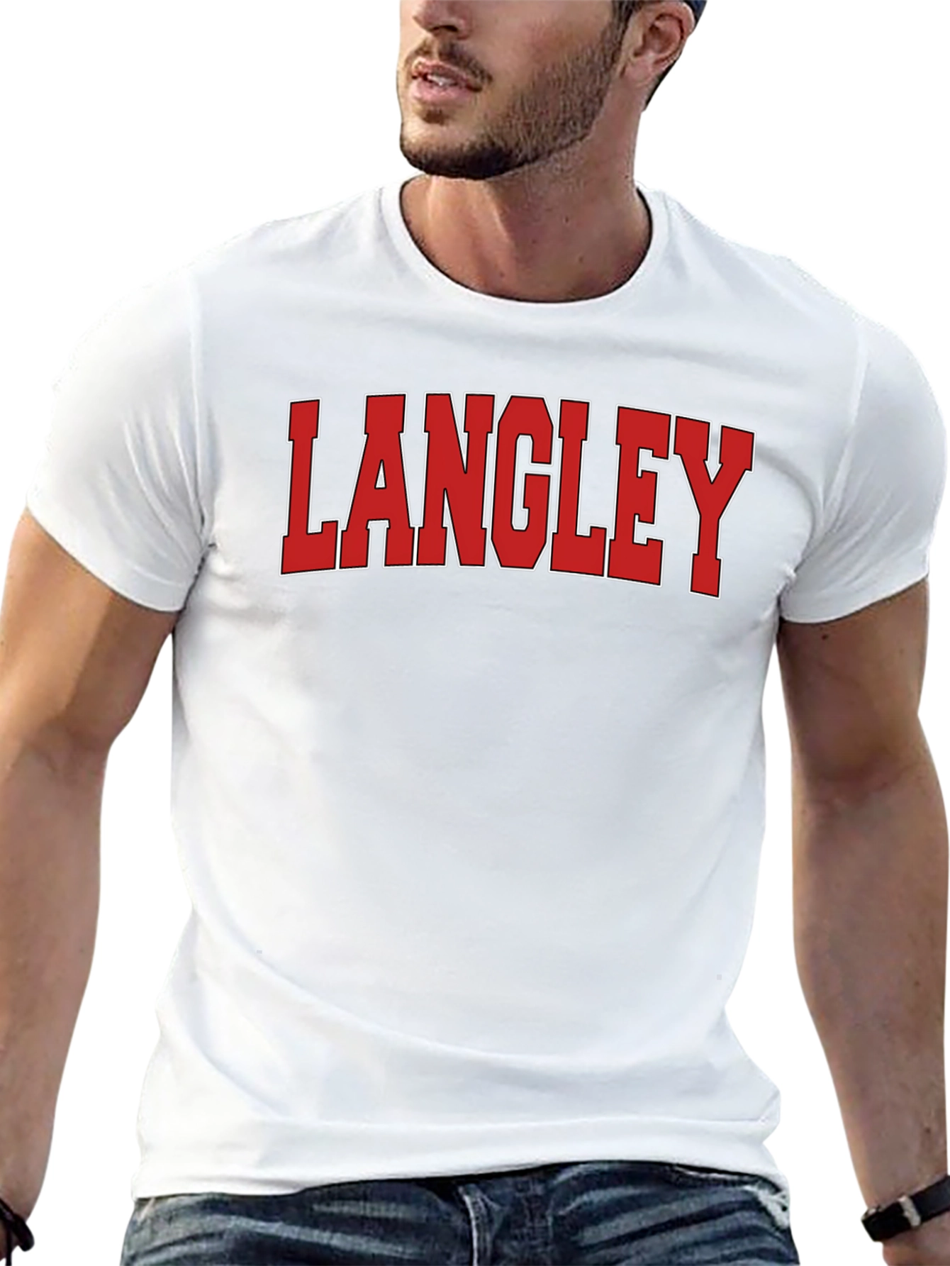 Langley T-Shirt: Red & White Varsity Lettering on Black