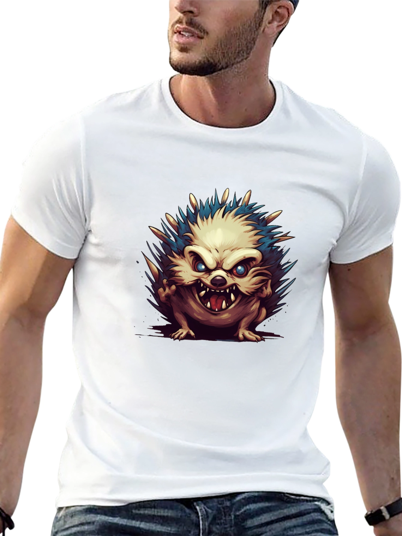 Mens Black T-Shirt with Hedgehog Graphic