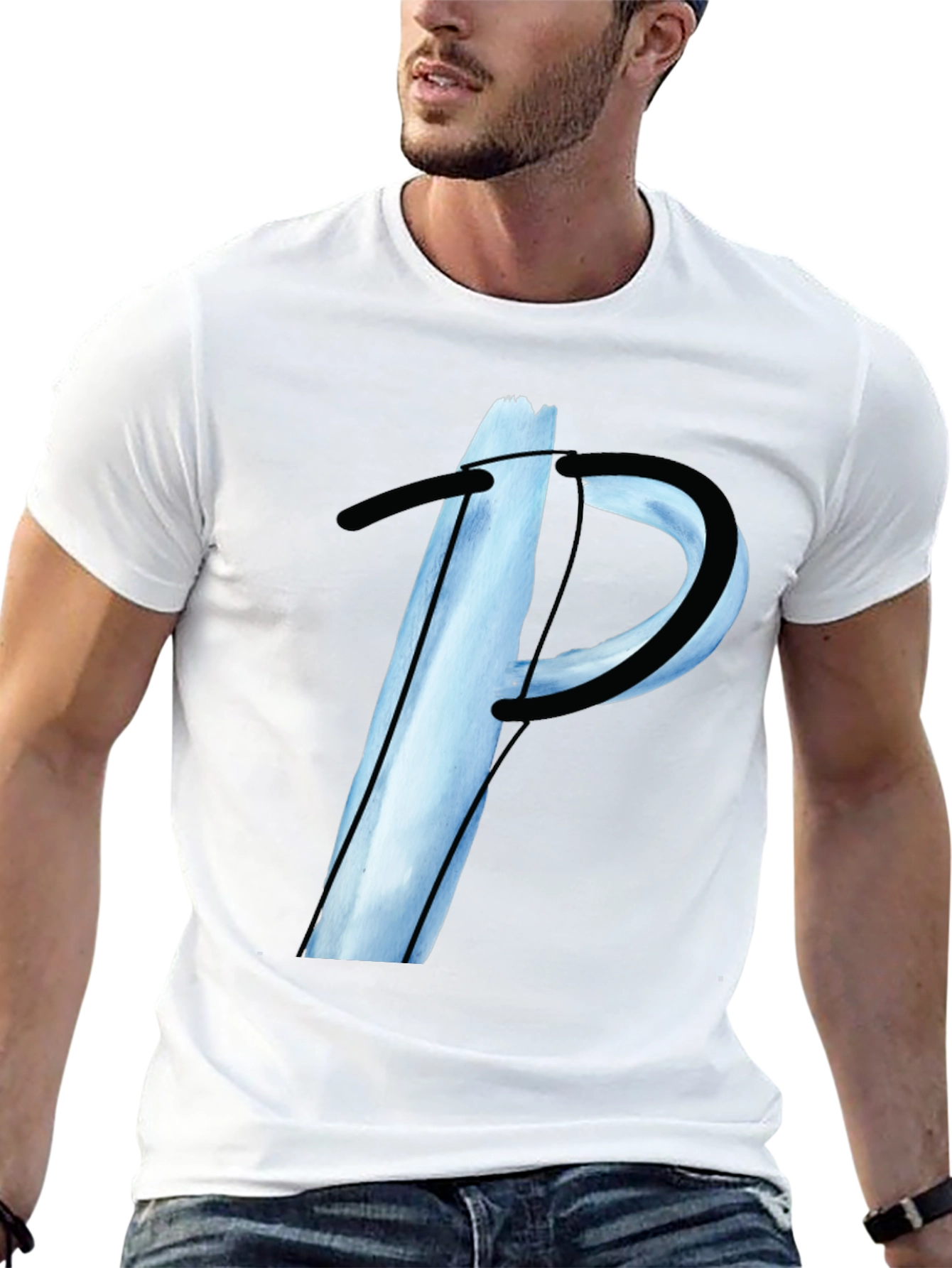 Abstract Letter P Graphic Tee - Black Casual T-Shirt