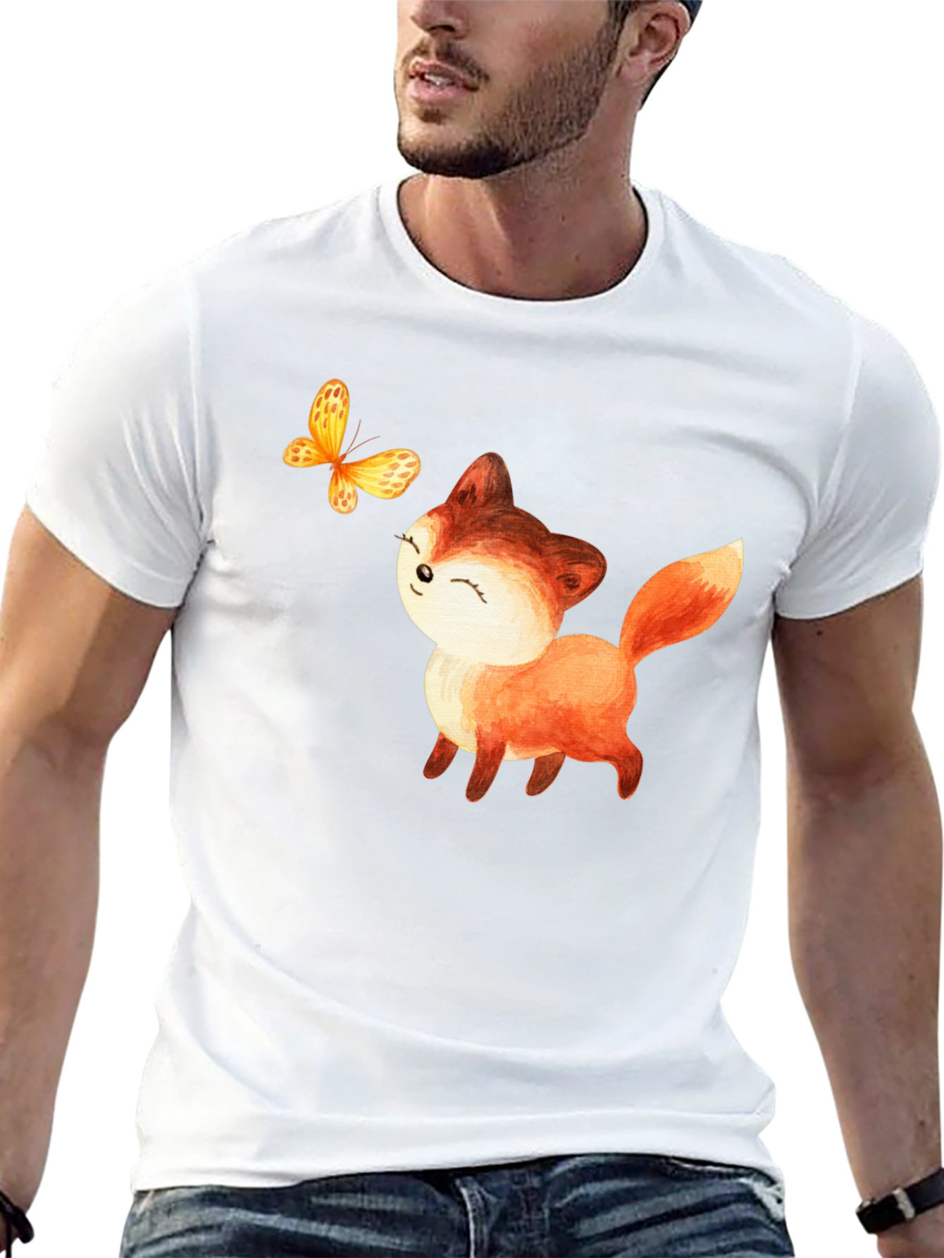Cute Fox & Butterfly Graphic T-Shirt - Black