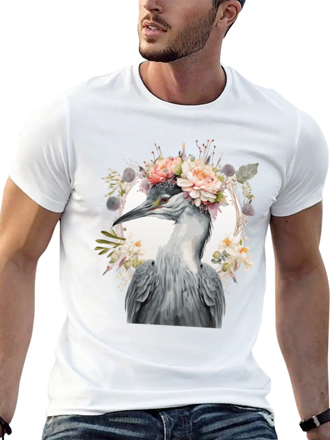 Floral Heron Graphic Tee - Unique Nature Design