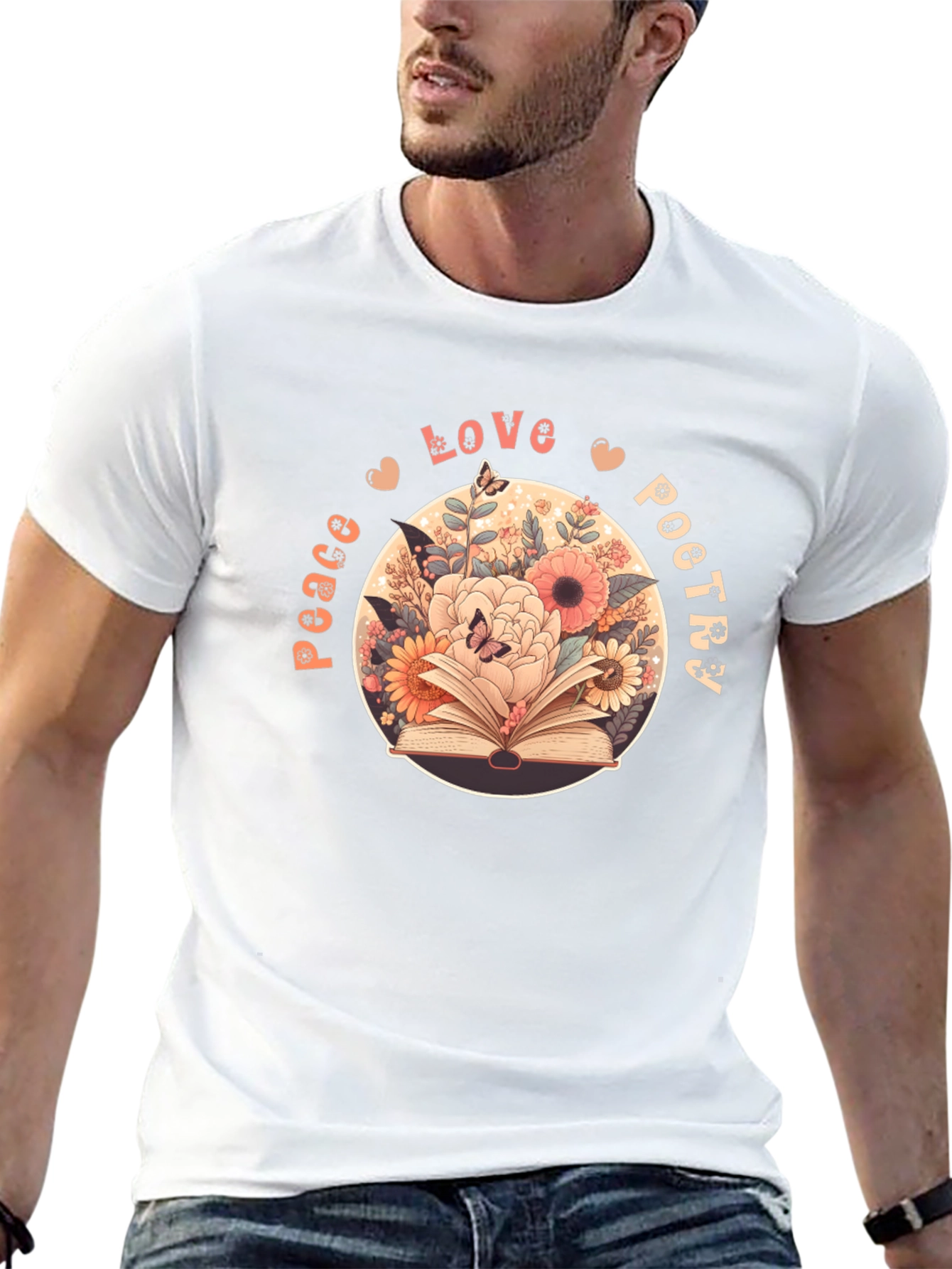 Peace Love Poetry T-Shirt - Floral Book Design