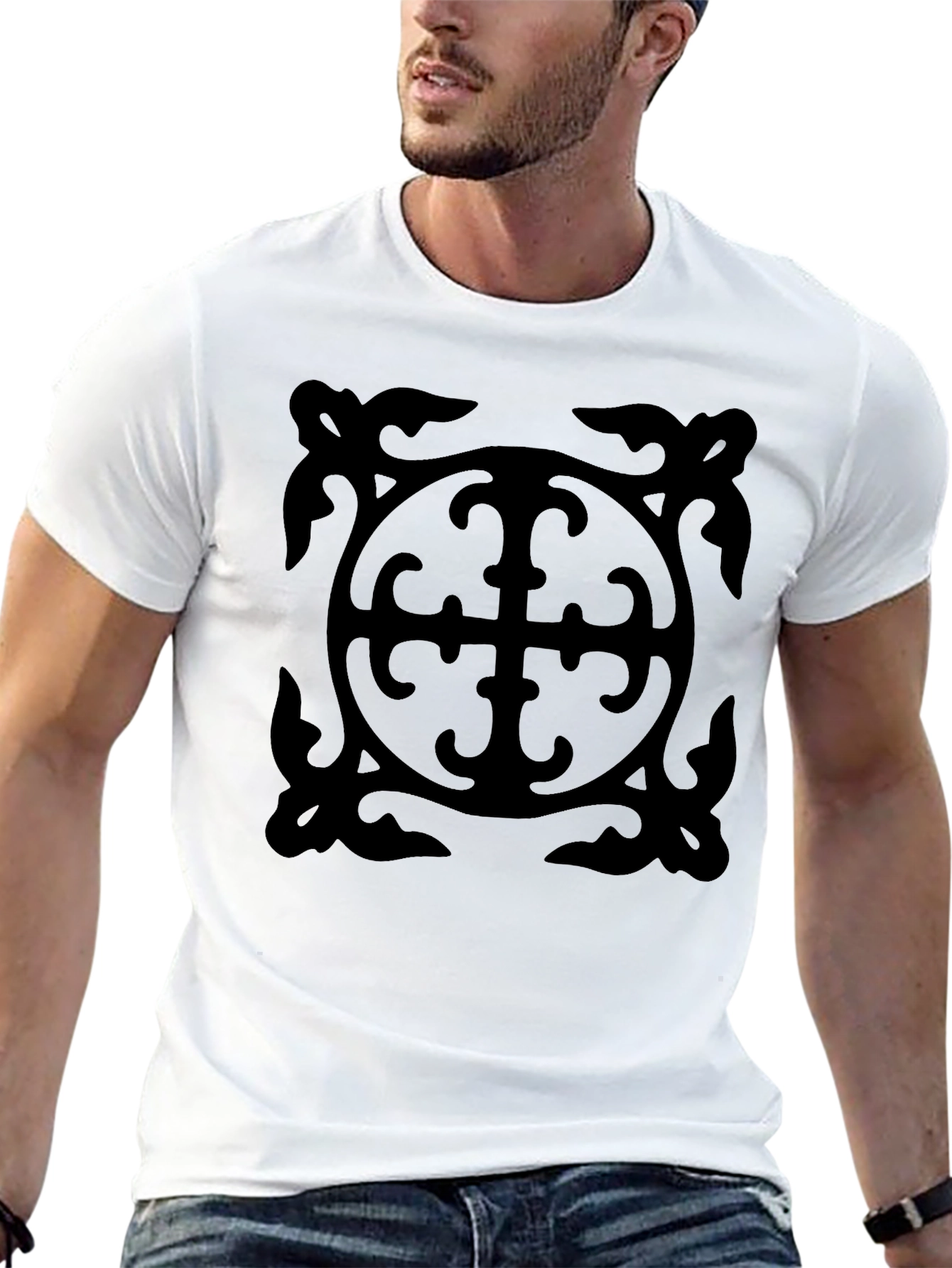 Black Graphic Tee - Ornate Cross Design