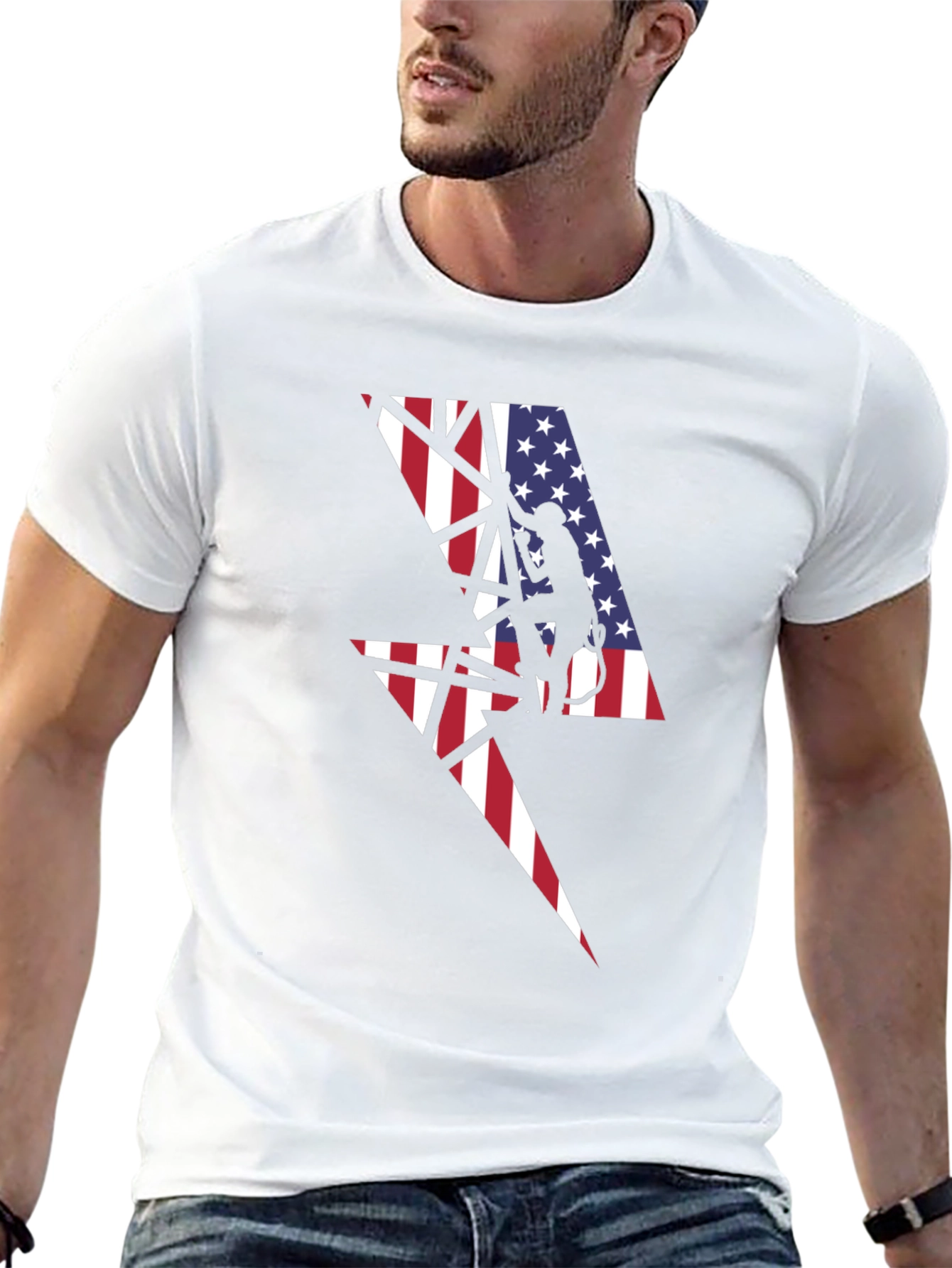American Flag Lightning Bolt Lineman Black T-Shirt