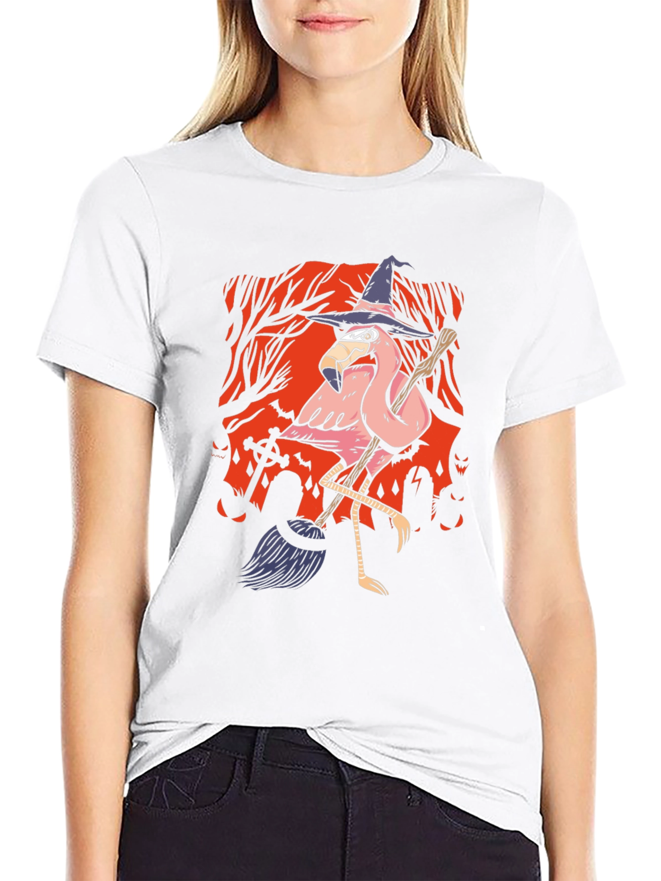 Halloween Flamingo Witch Graphic Tee