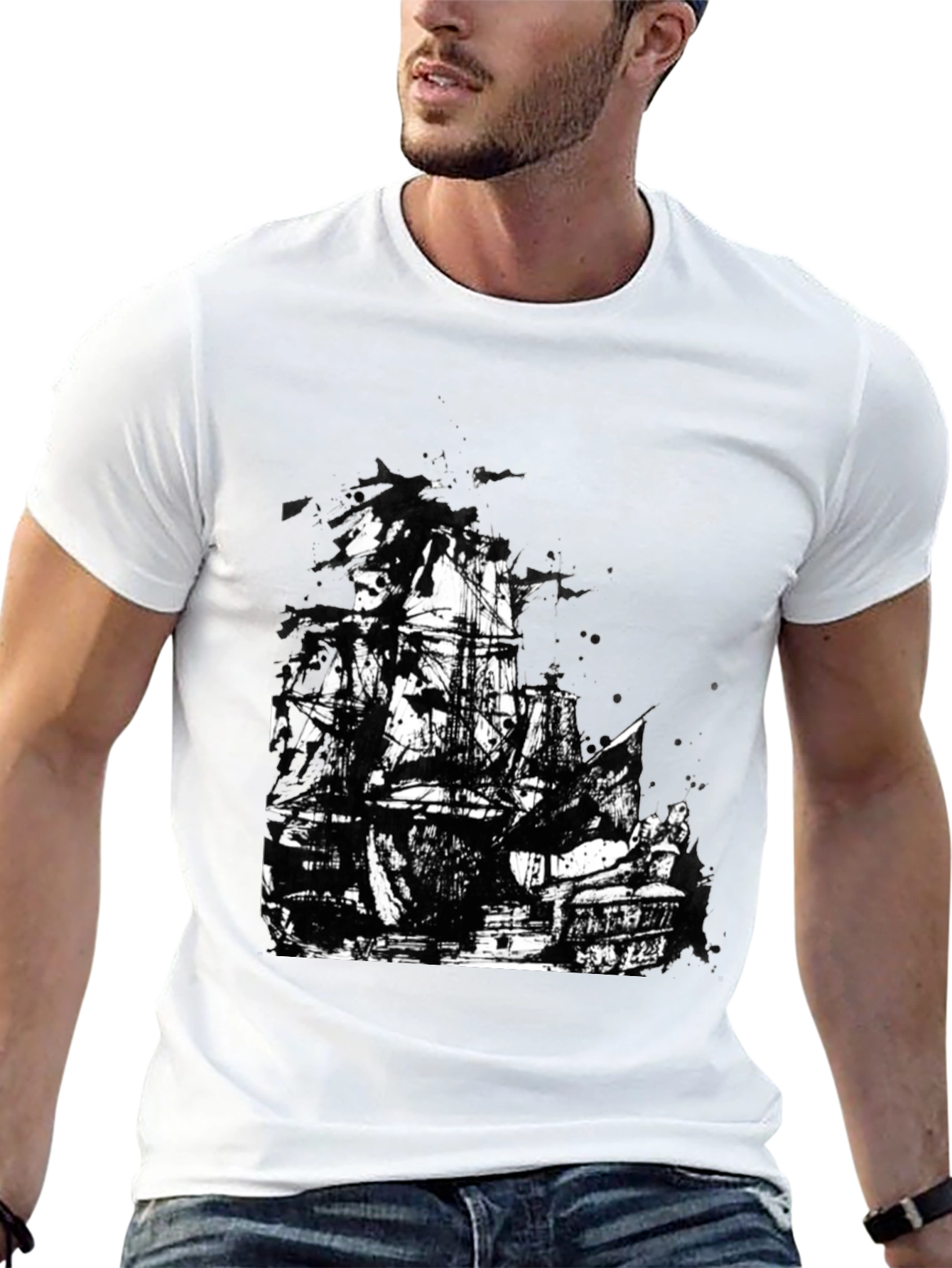 Black T-Shirt with Pirate Ship Graphic