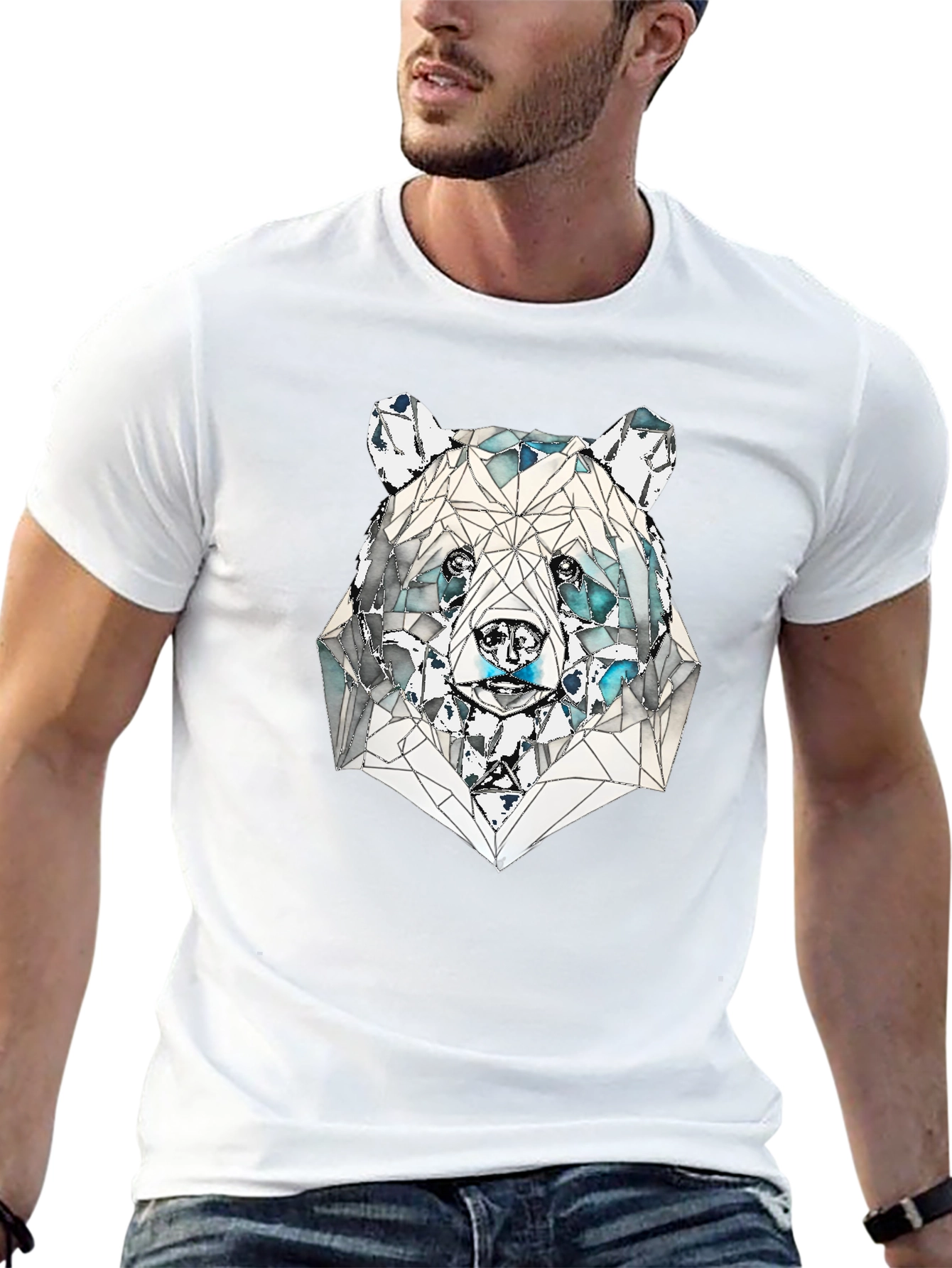 Geometric Bear Graphic Tee - Black
