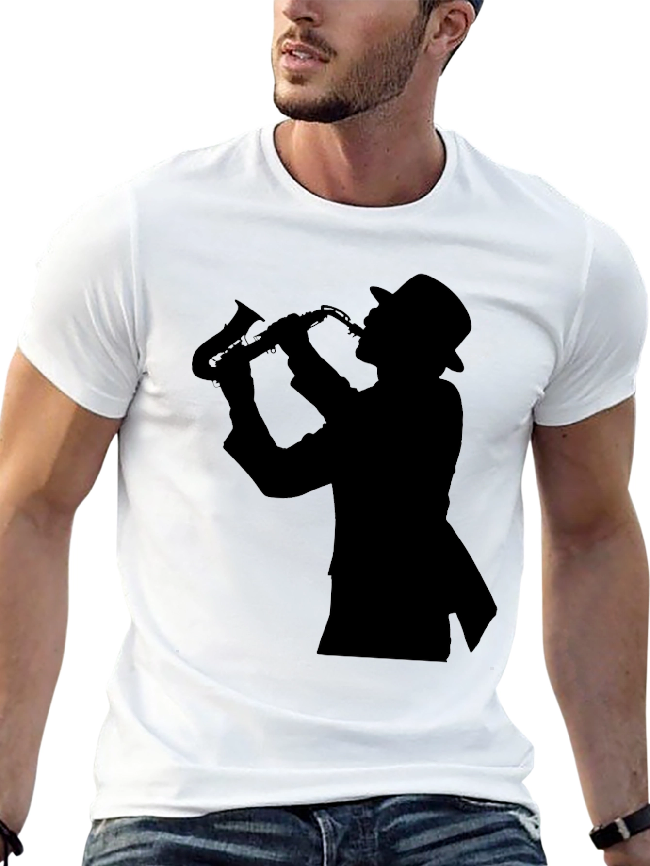 Cool Jazz Sax Player Silhouette Black T-Shirt