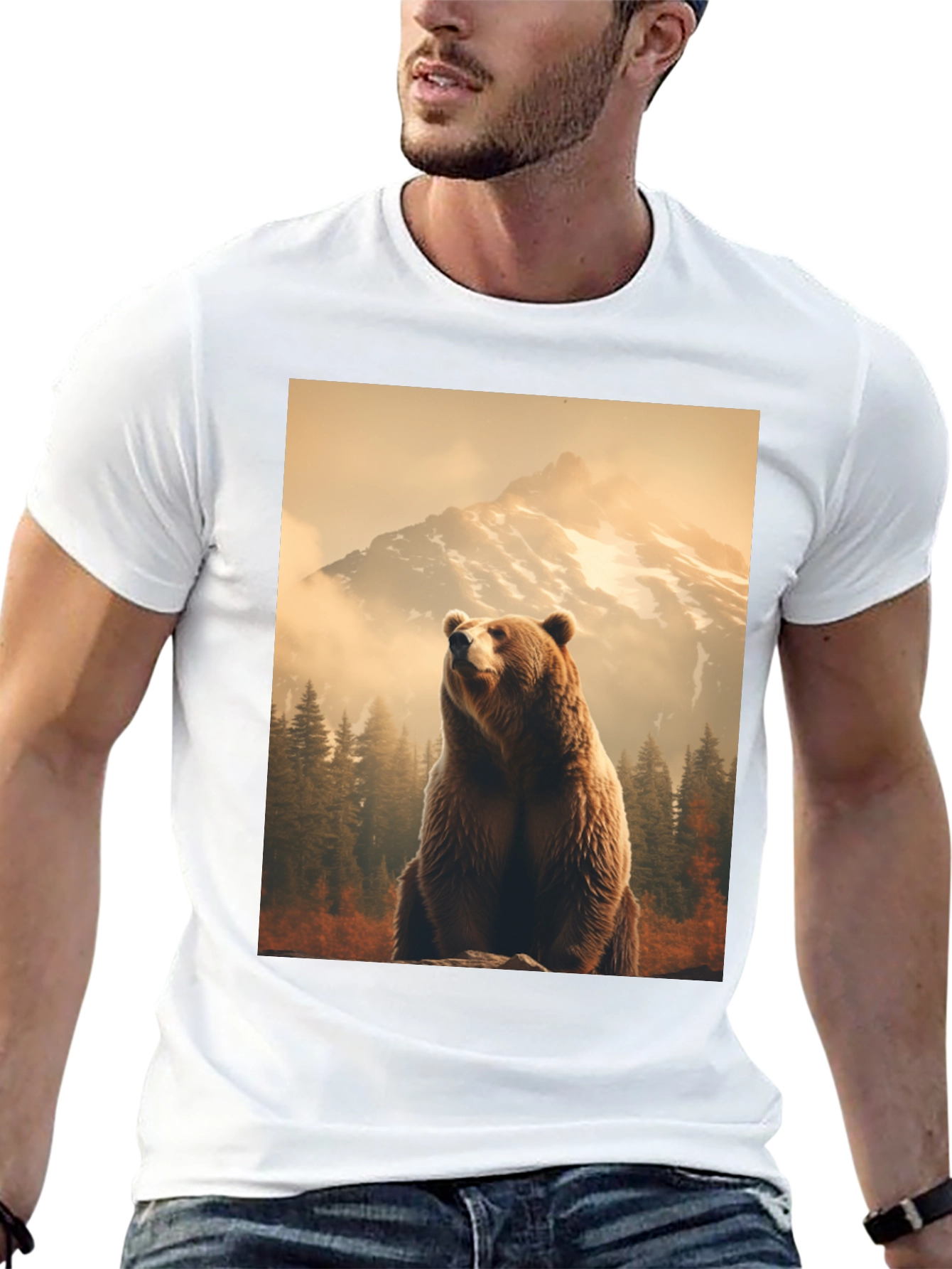 Grizzly Bear Mountain Scene Black T-Shirt