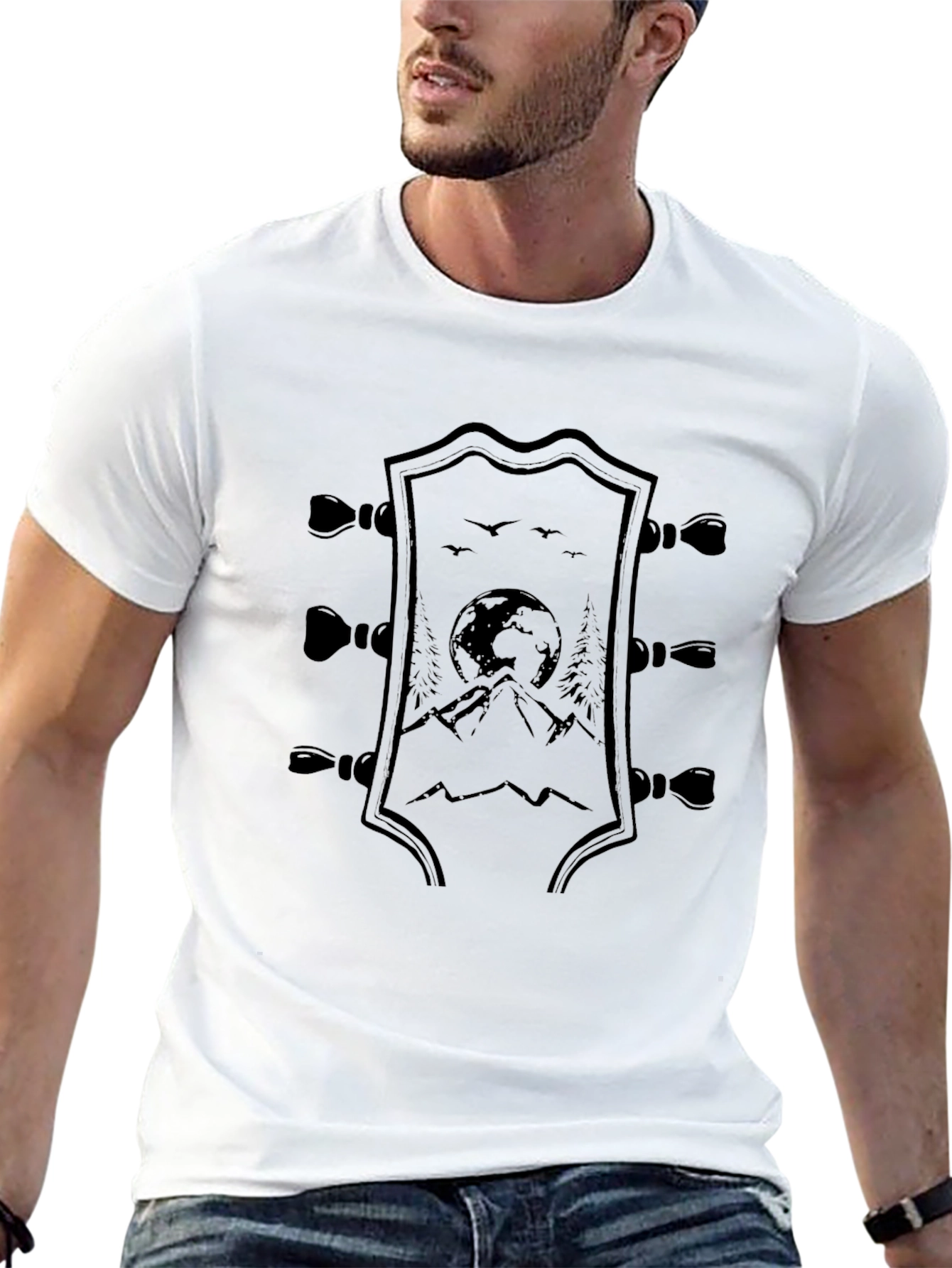 Black Guitar Headstock Mountain Graphic Tee