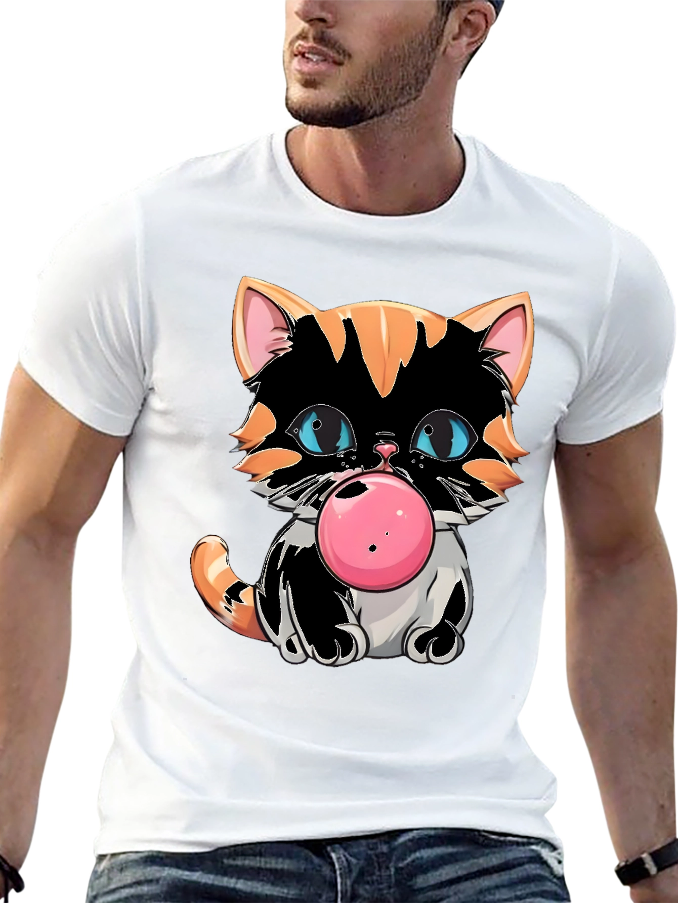 Bubble Gum Cat Graphic Tee - Cool Kitten Design