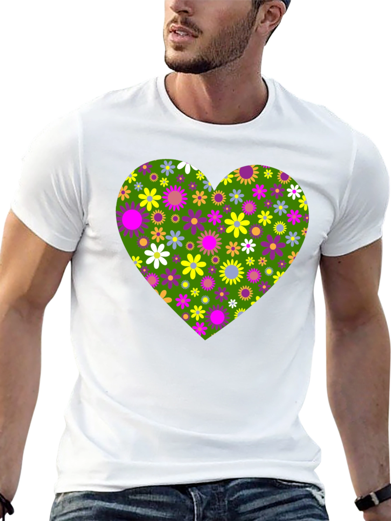 Floral Heart Graphic Tee - Black Cotton T-Shirt