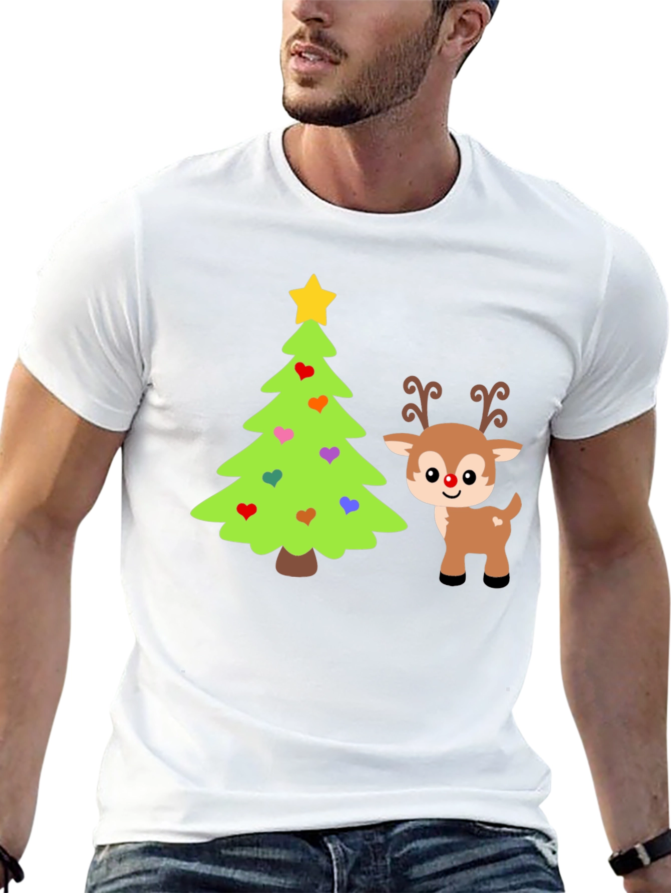 Festive Christmas Tree & Reindeer Graphic Tee