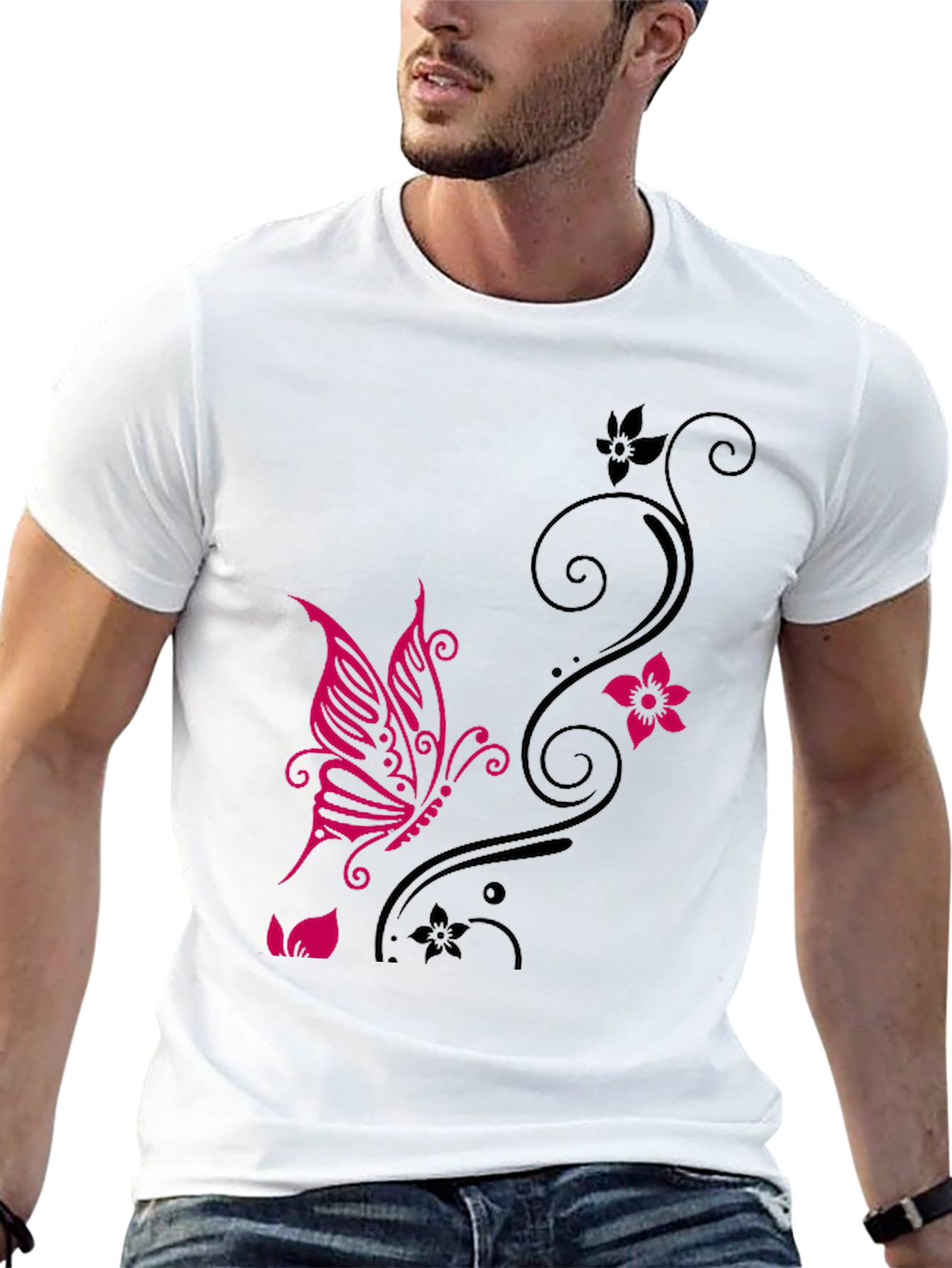Butterfly & Floral Graphic Black T-Shirt