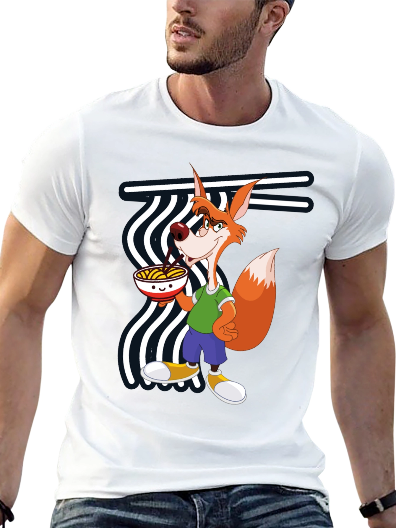 Cartoon Fox Eating Ramen Black T-Shirt