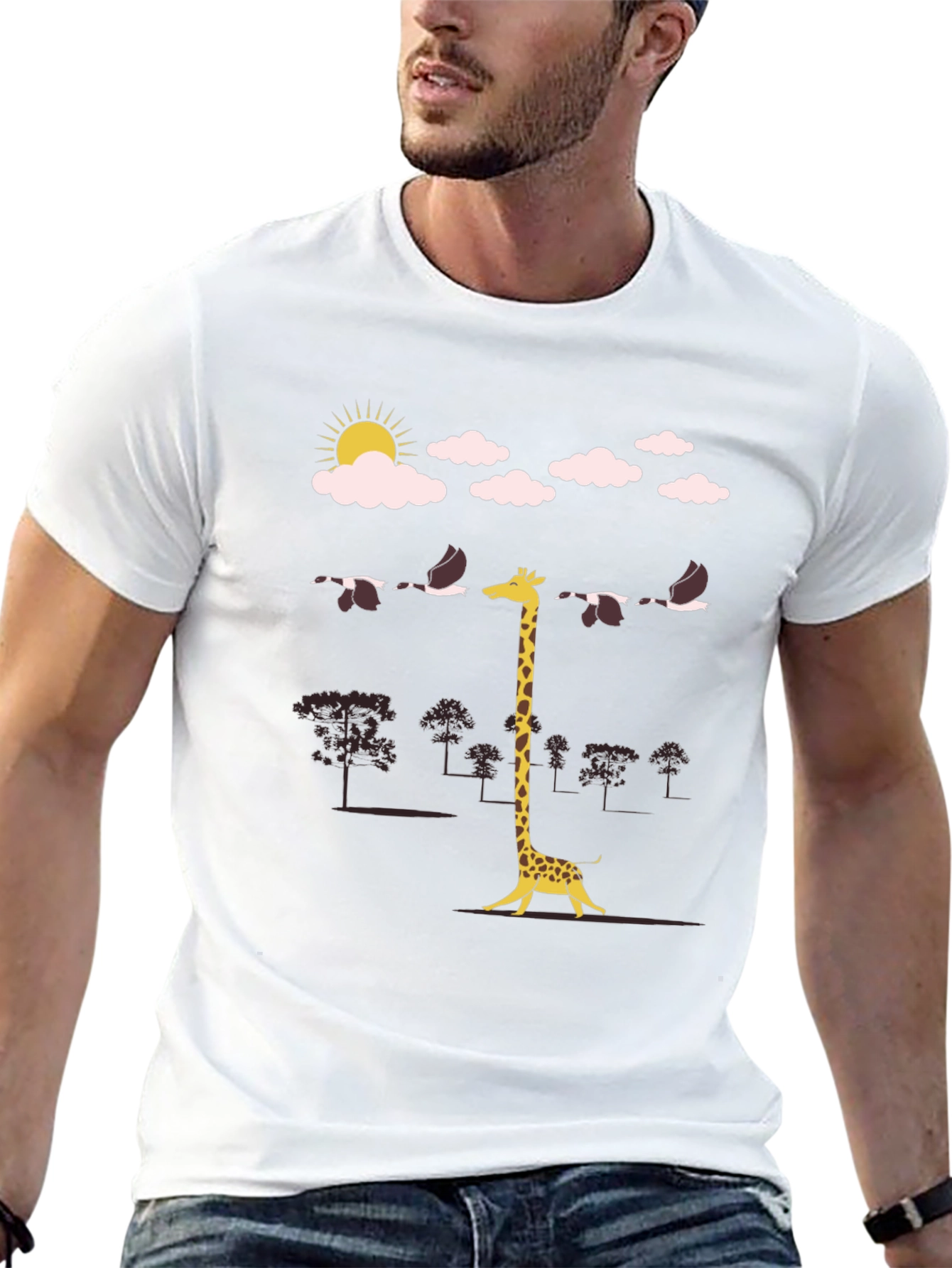 Giraffe Bird Line-Up Graphic Tee - Unique Mens T-Shirt