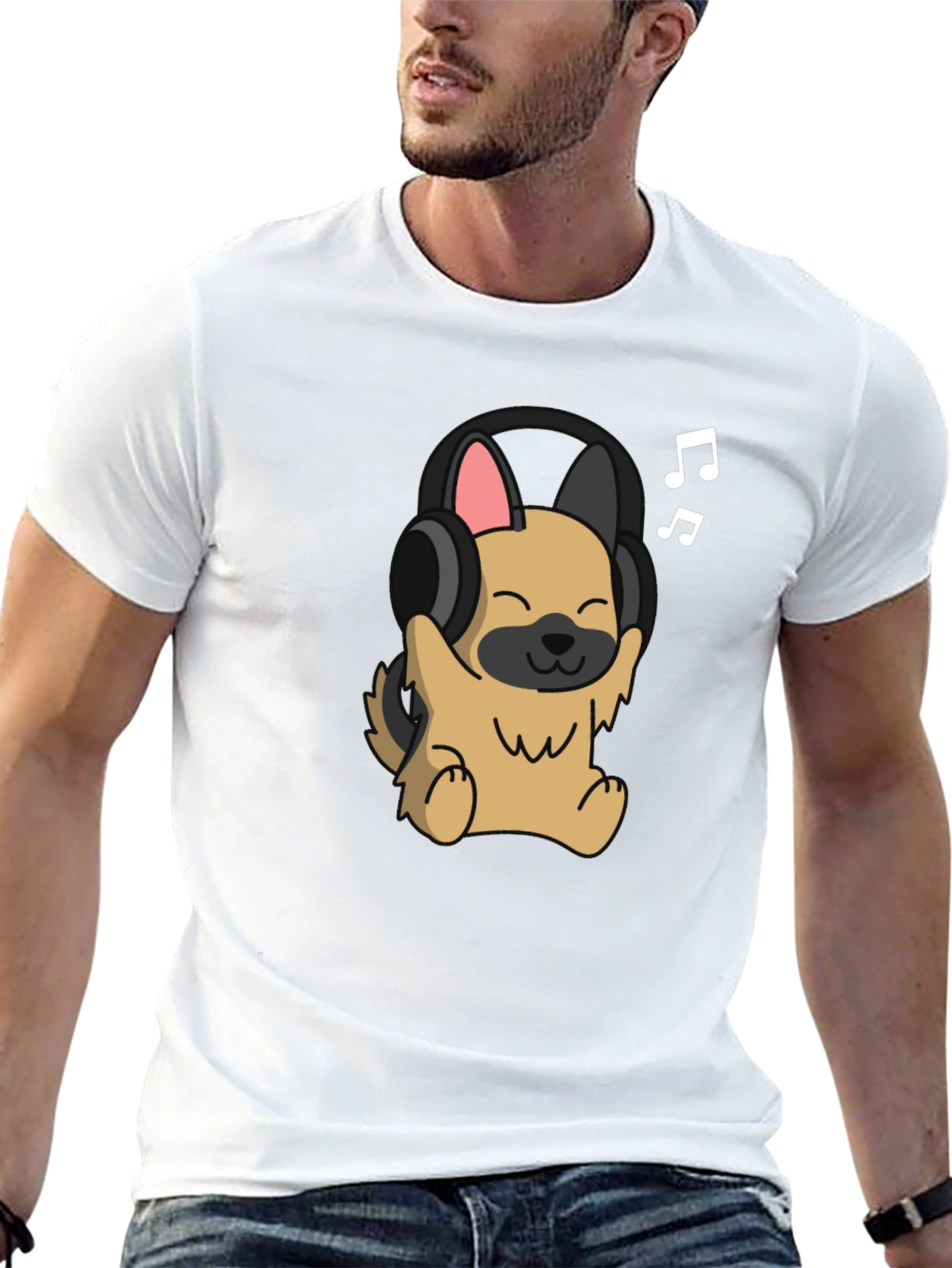 Dog with Headphones Graphic Tee - Black Cotton T-Shirt