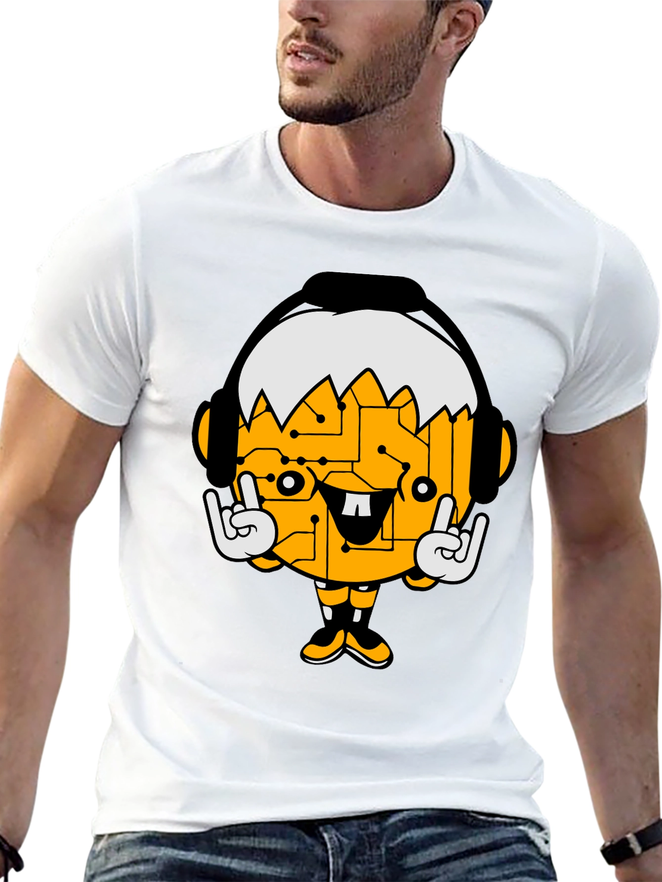 Tech Head Cartoon Graphic Black T-Shirt