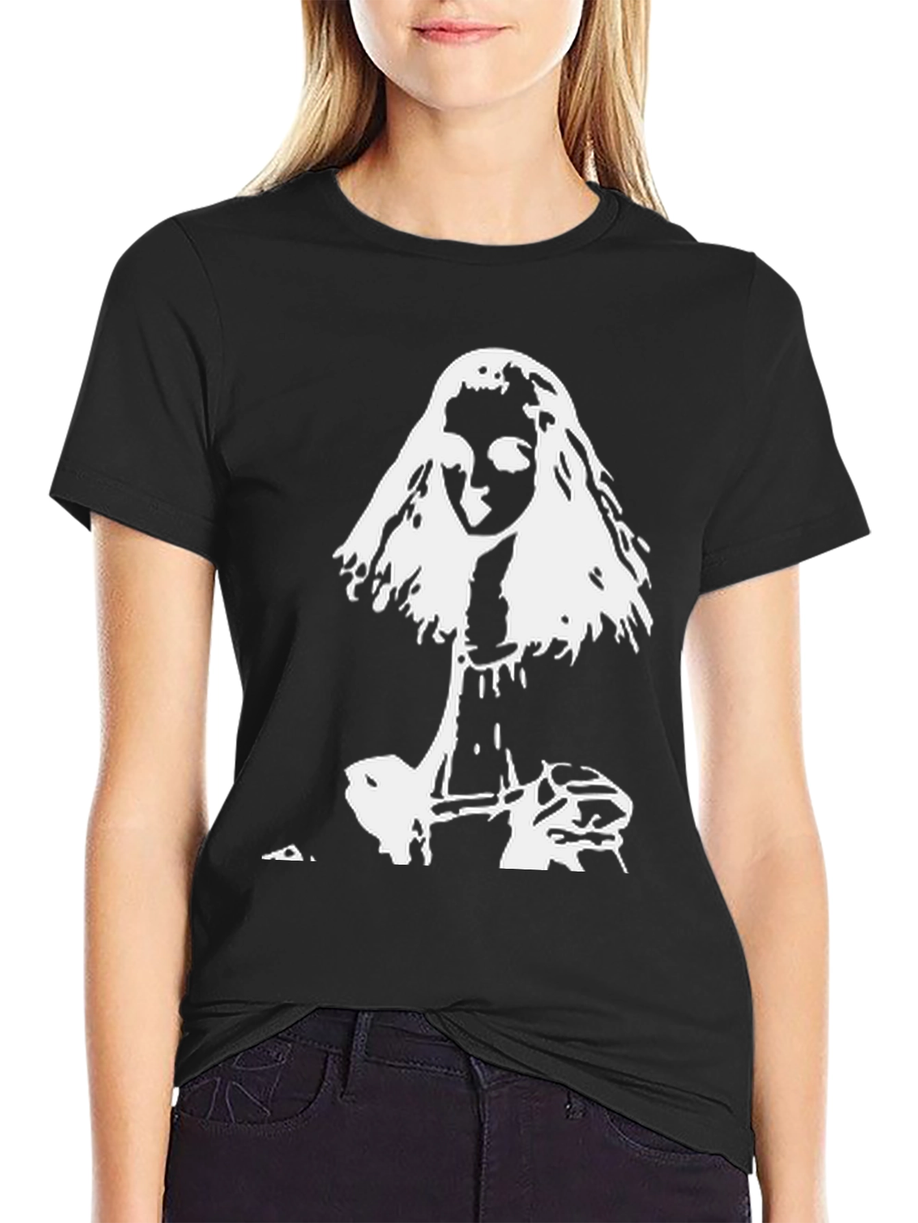 White Graphic Print Black T-Shirt