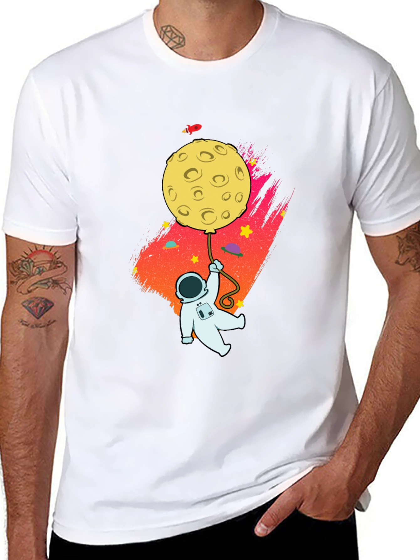 Astronaut Moon Balloon Graphic Black T-Shirt