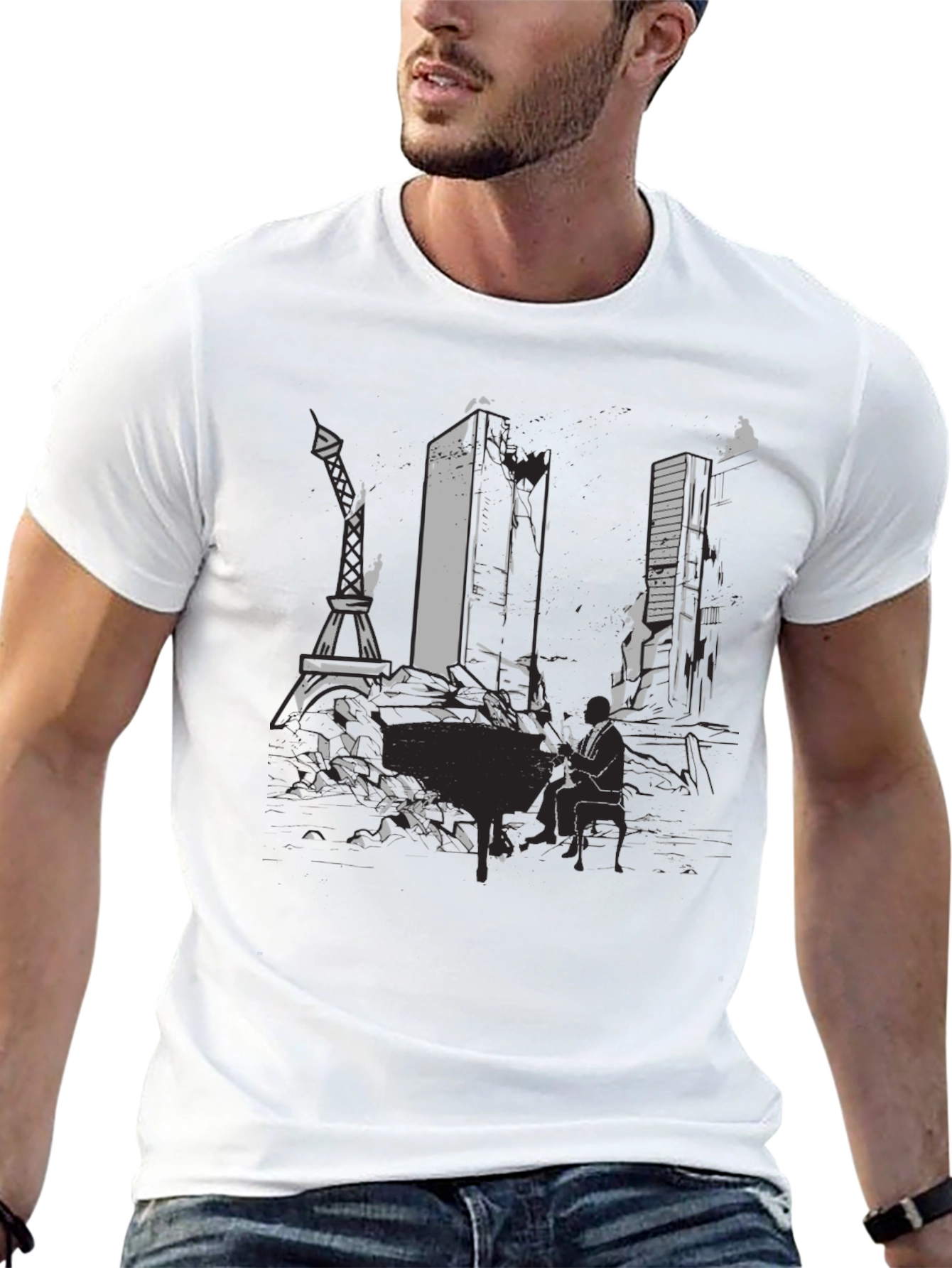 Mens Black Graphic Tee - Cityscape Design