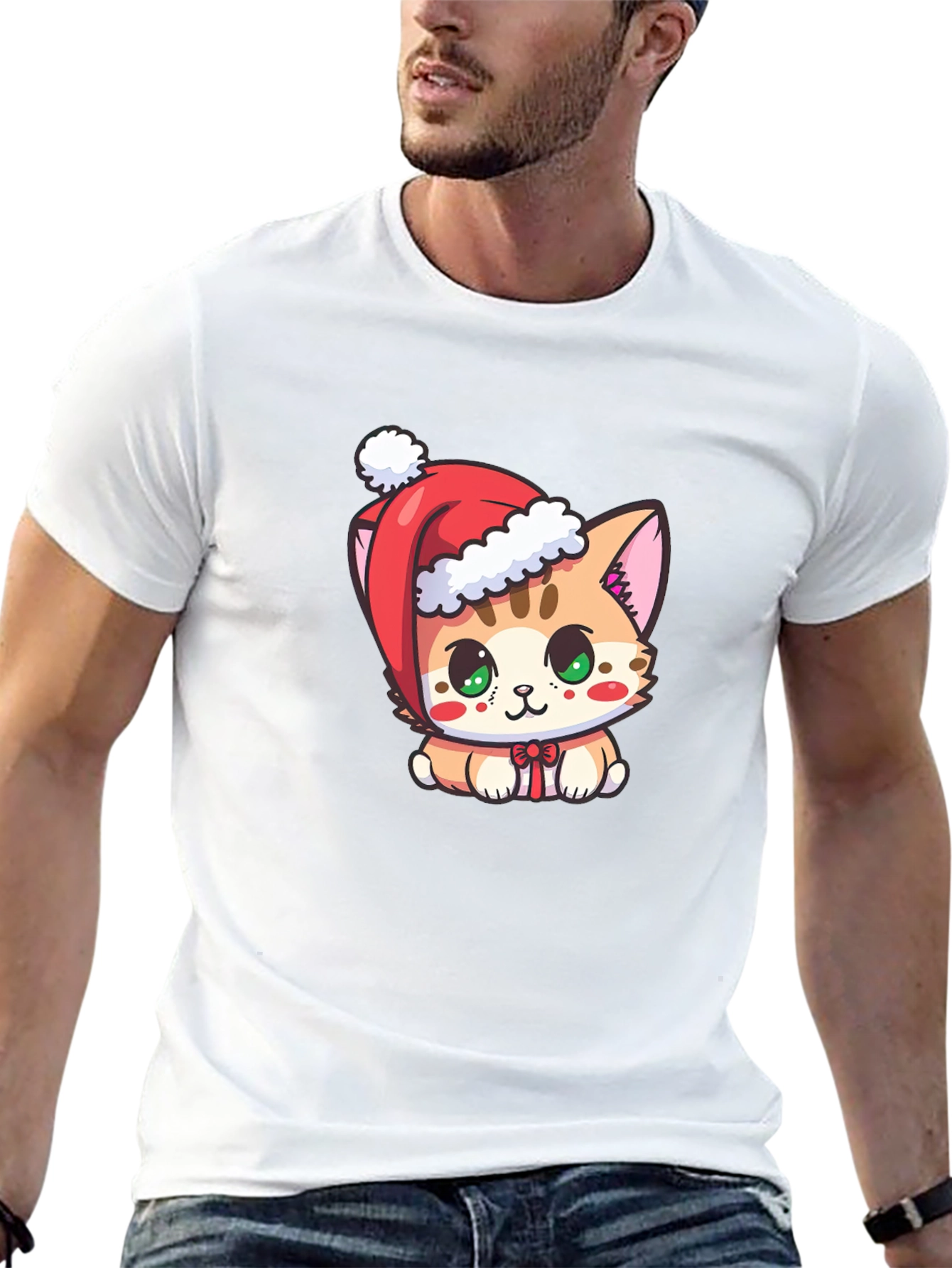 Cute Christmas Kitten Black T-Shirt