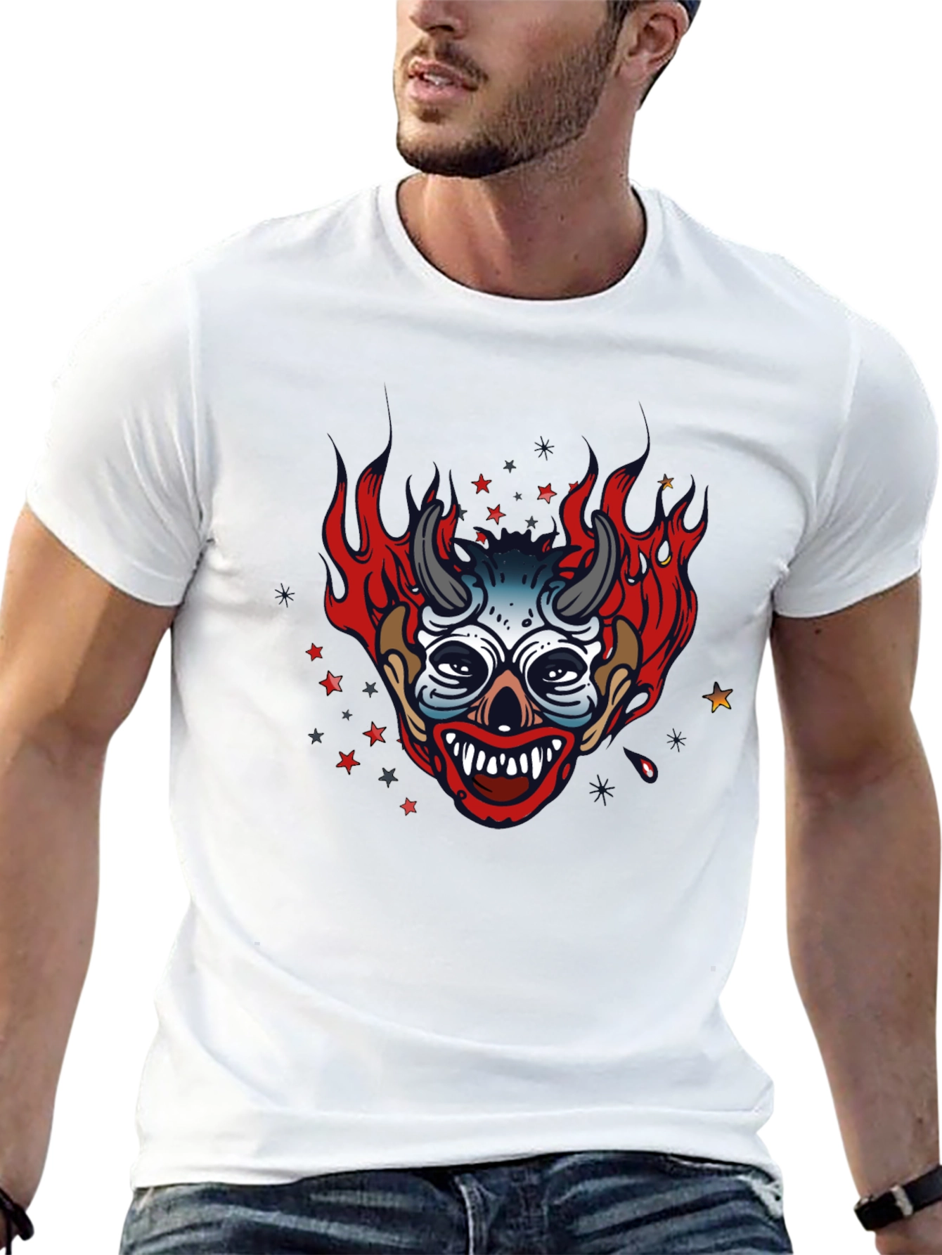 Fiery Devil Clown Graphic Print Black T-Shirt