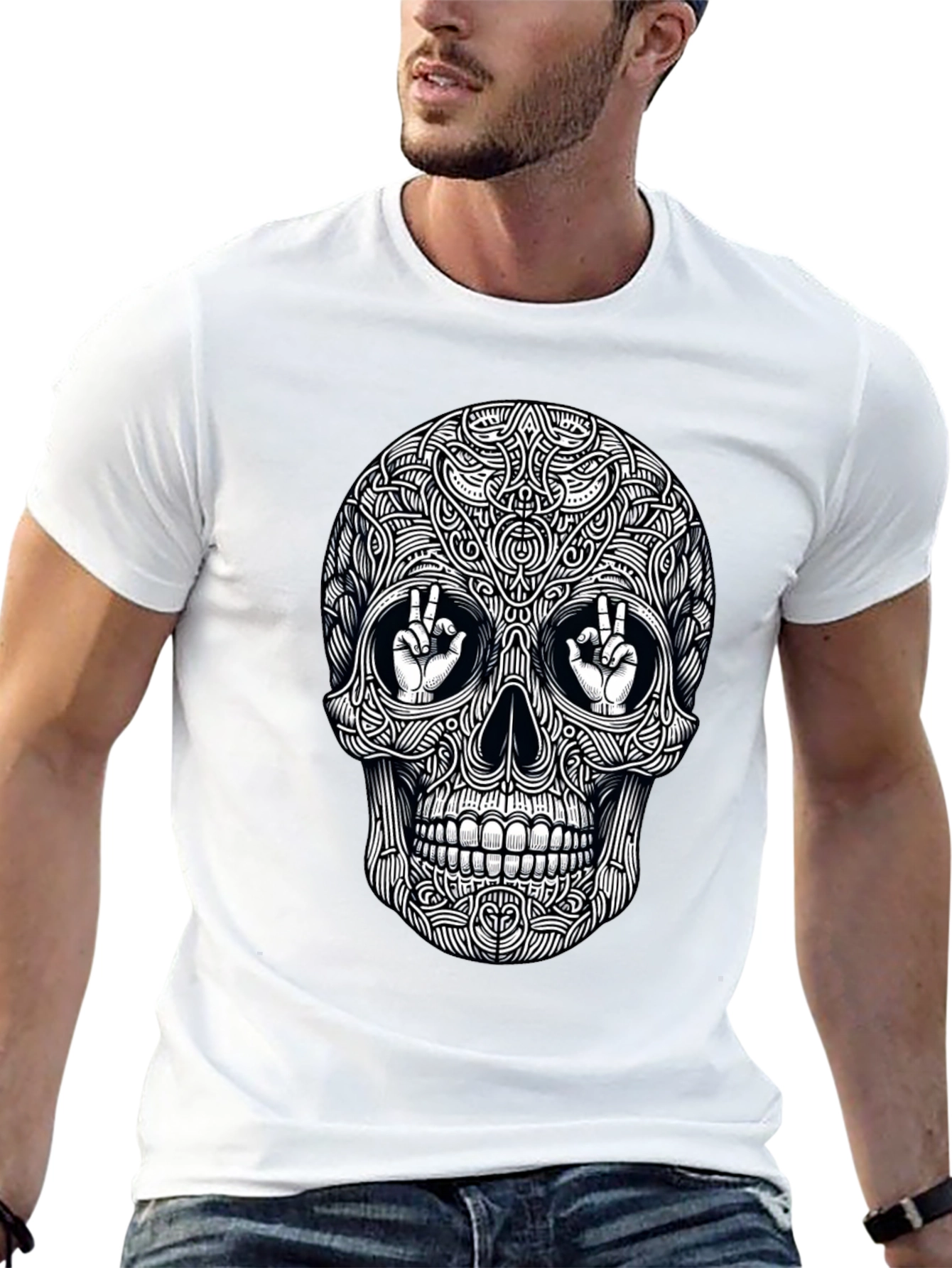 Skull Peace Sign Graphic Tee - Mens Black T-Shirt