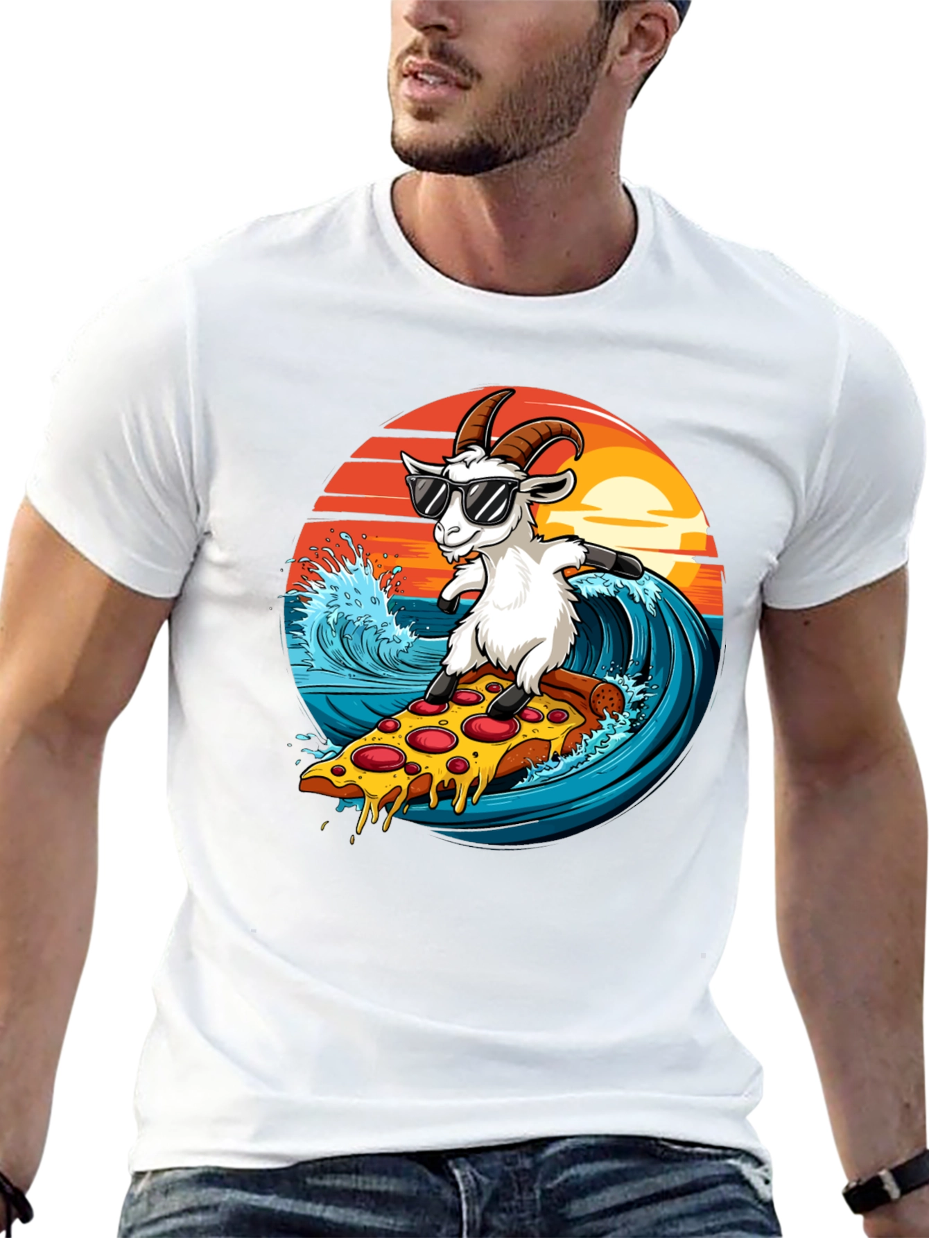 Goat Surfing Pizza T-Shirt - Unique Graphic Tee