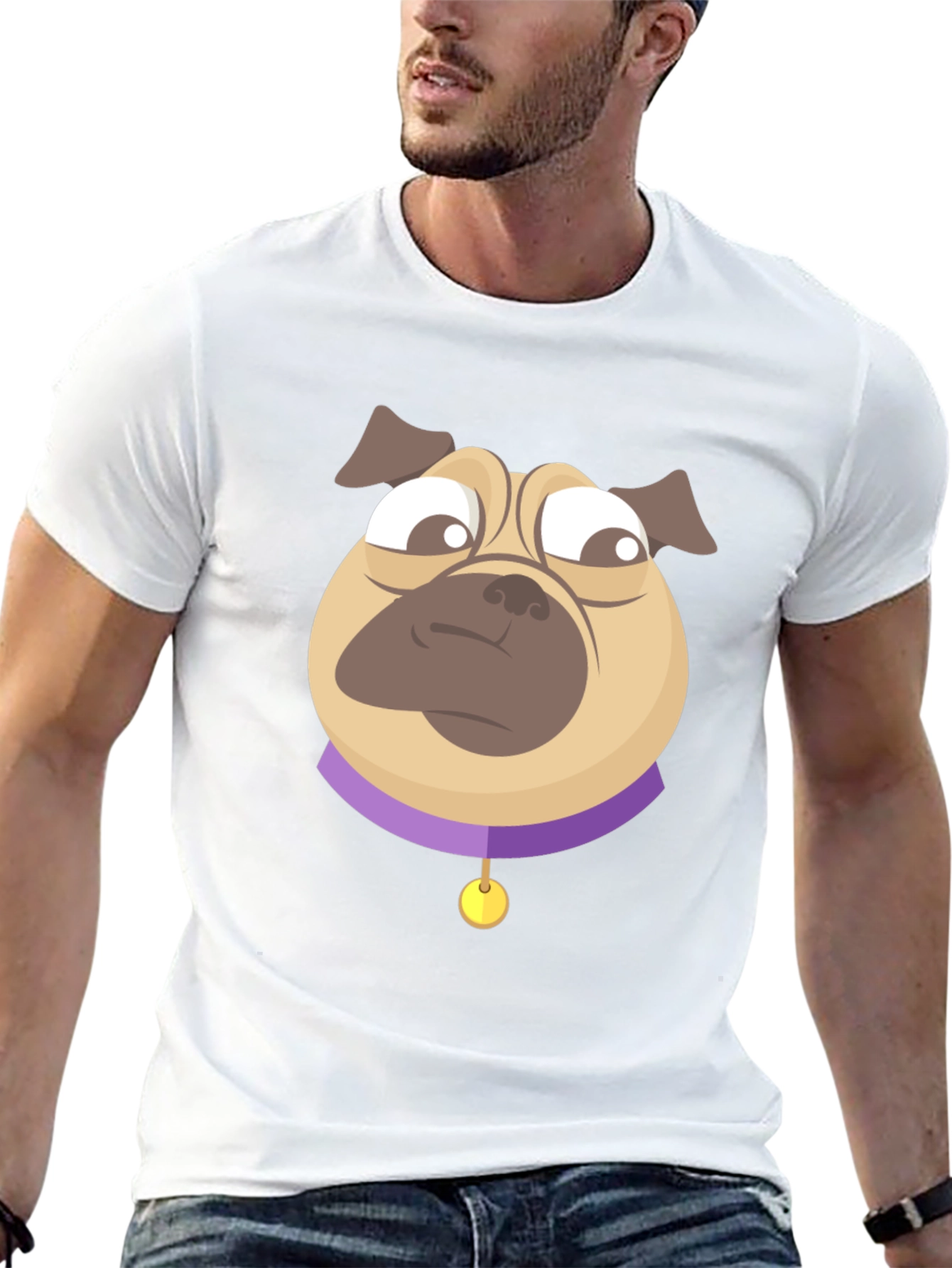 Pug Cartoon Graphic T-Shirt - Black Cotton Blend