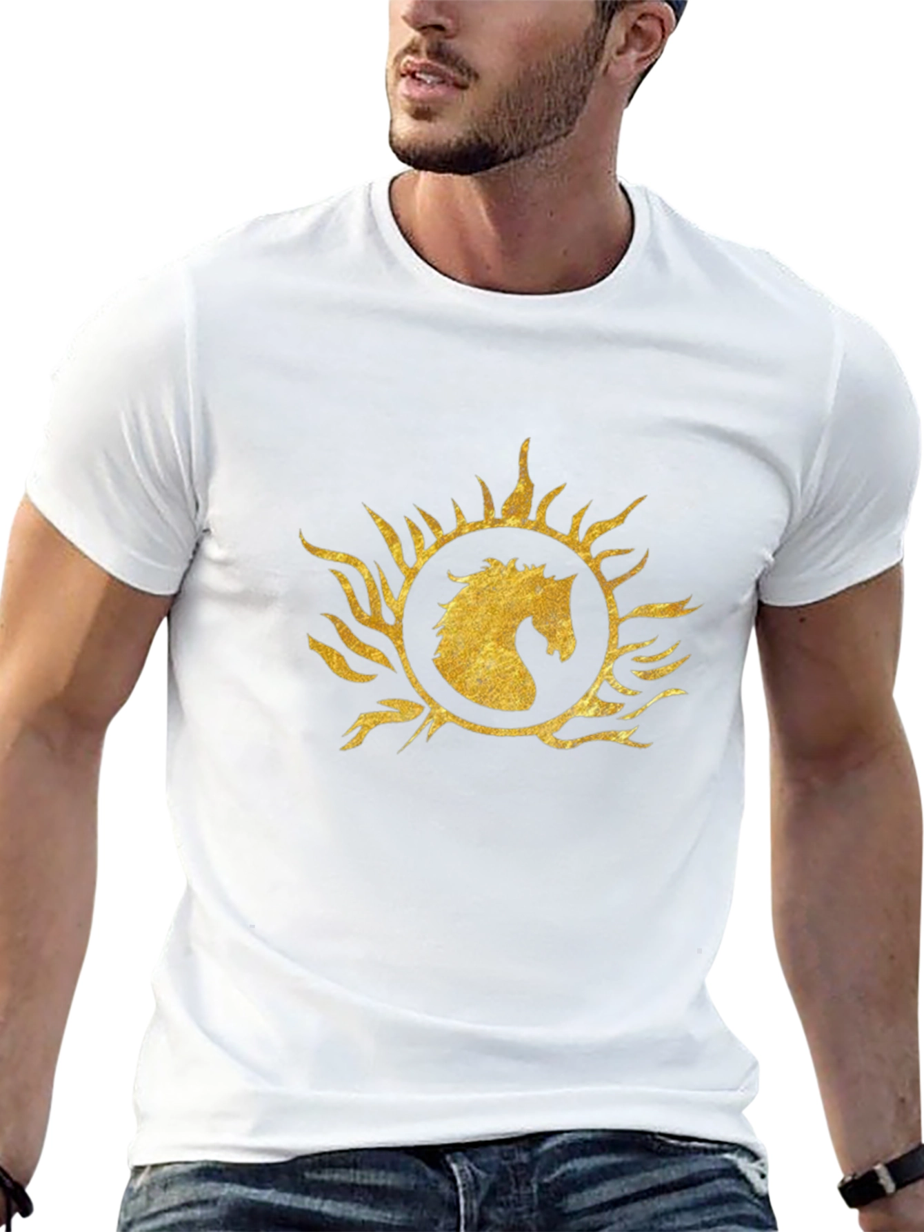 Black T-Shirt with Gold Horse Sunburst Graphic