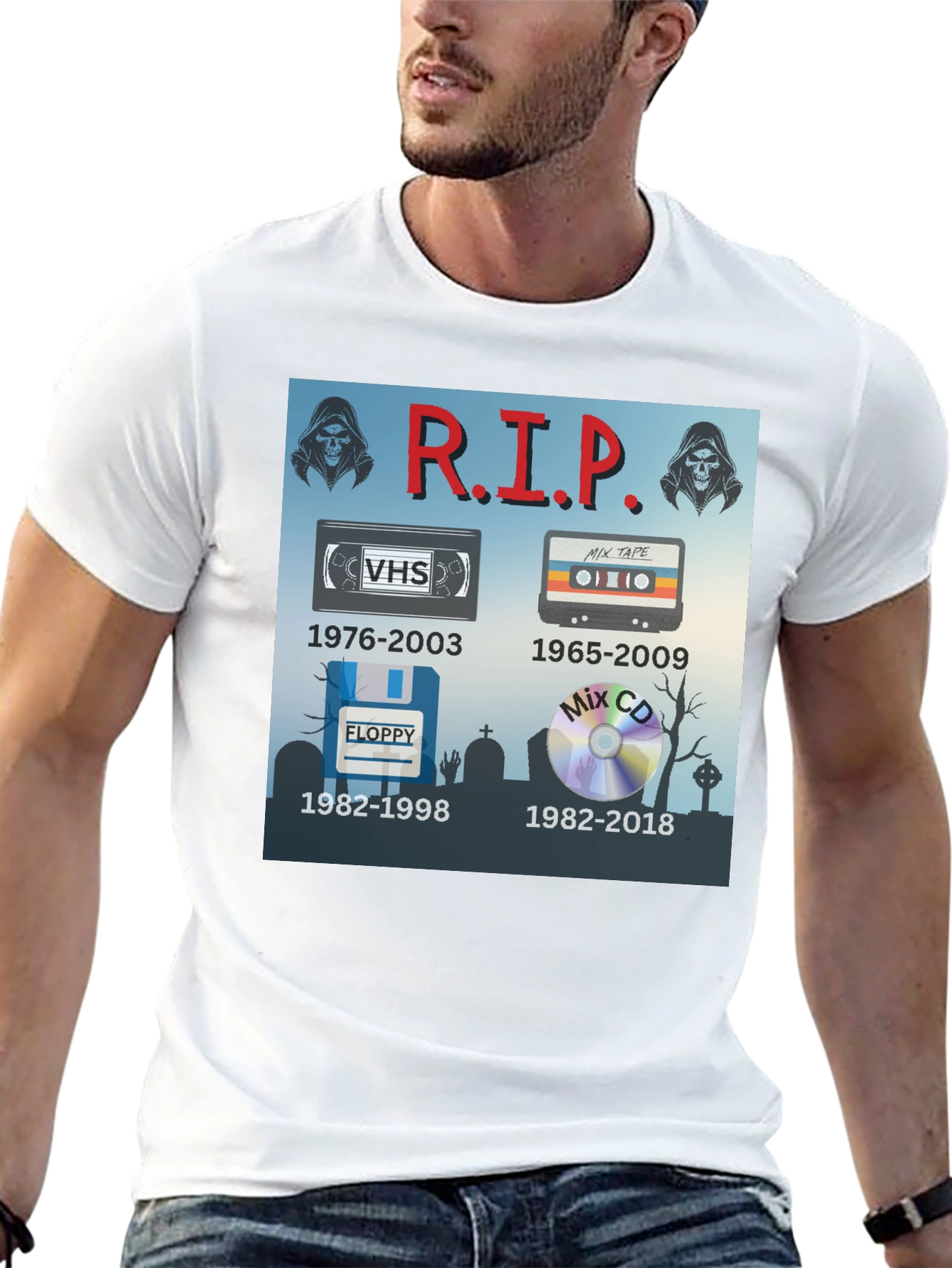 R.I.P. Tech T-Shirt: VHS Floppy Disk Cassette CD